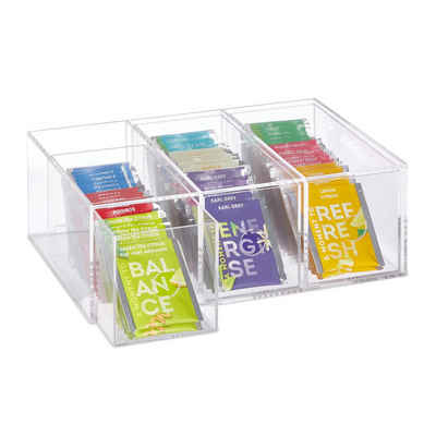 relaxdays Teebox Transparente Teebox mit 3 Schubladen, Kunststoff