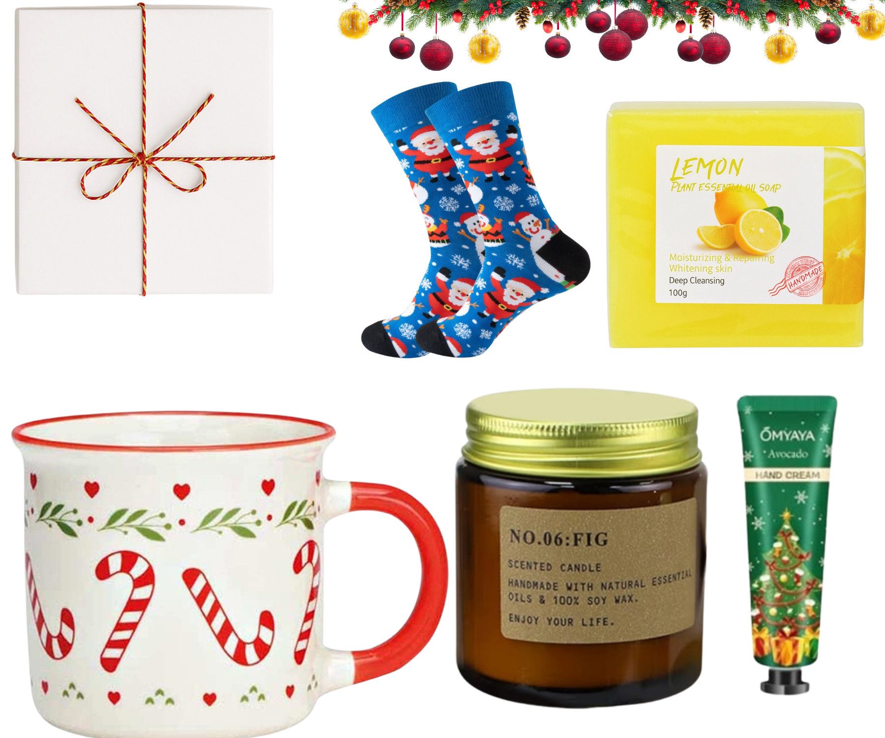 Quality Elegance Pflege-Geschenkset Limited Weihnachts Geschenkset – Tasse, Socken, Kerze, Creme & Seife, 5-tlg.