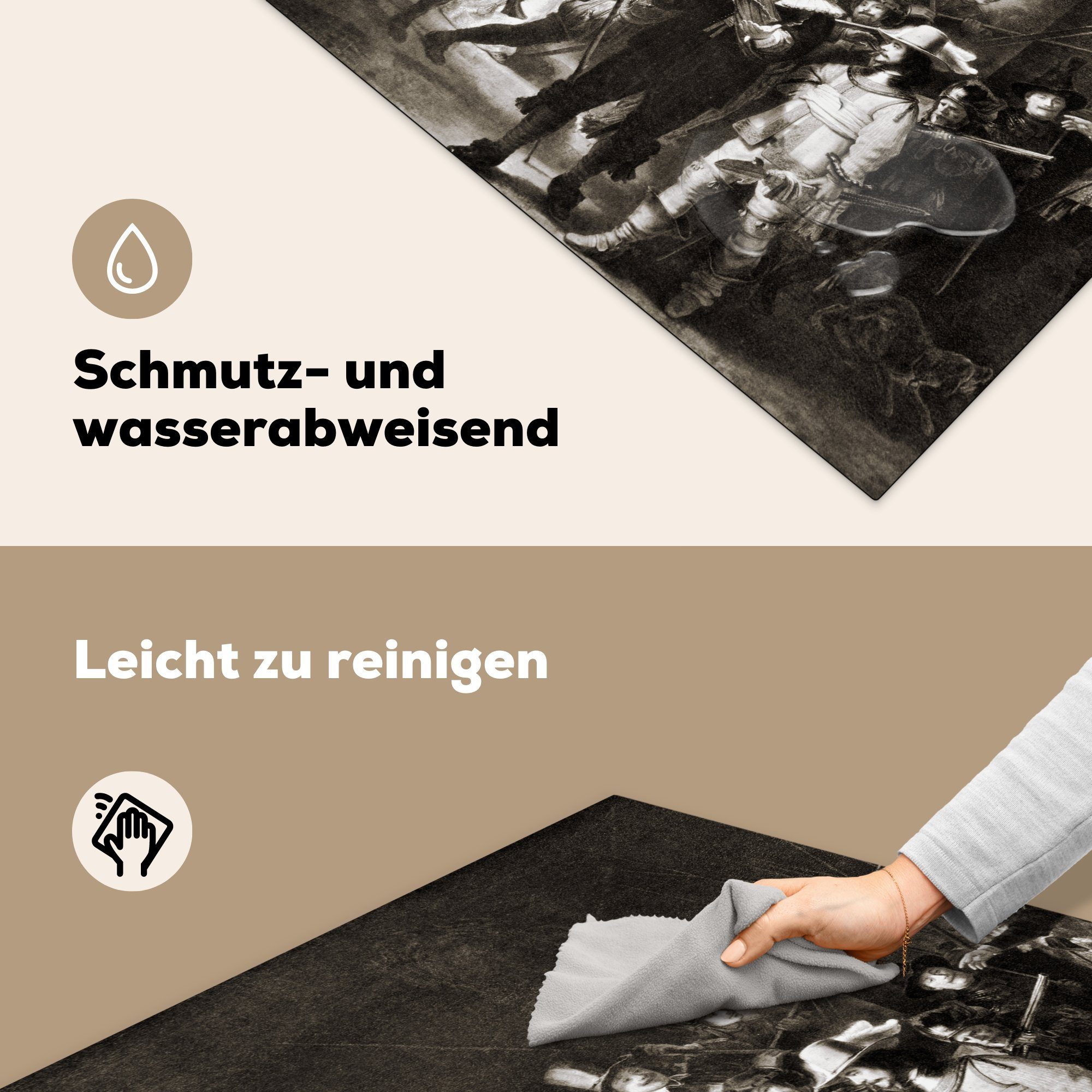 MuchoWow Herdblende-/Abdeckplatte Die Nachtwache in Rijn, - von Ceranfeldabdeckung, küche und van Rembrandt Weiß Arbeitsplatte Vinyl, Gemälde (1 Schwarz 78x78 tlg), cm, für