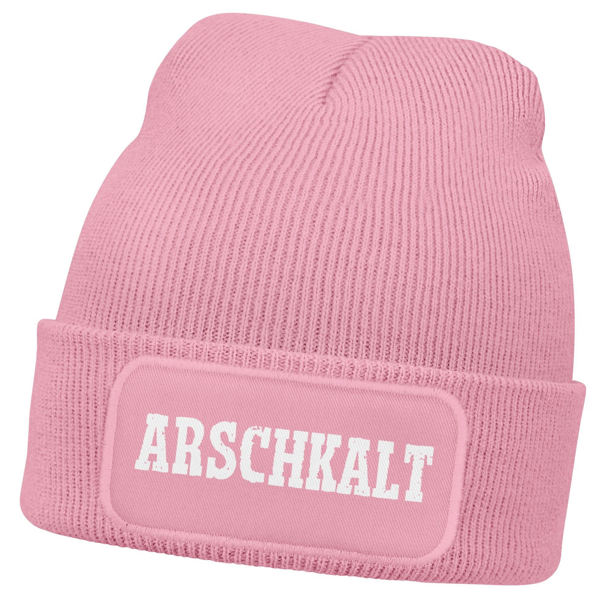Strickmütze Moonworks® Damen Beanie mit Patch Arschkalt Strickmütze mit Spruch