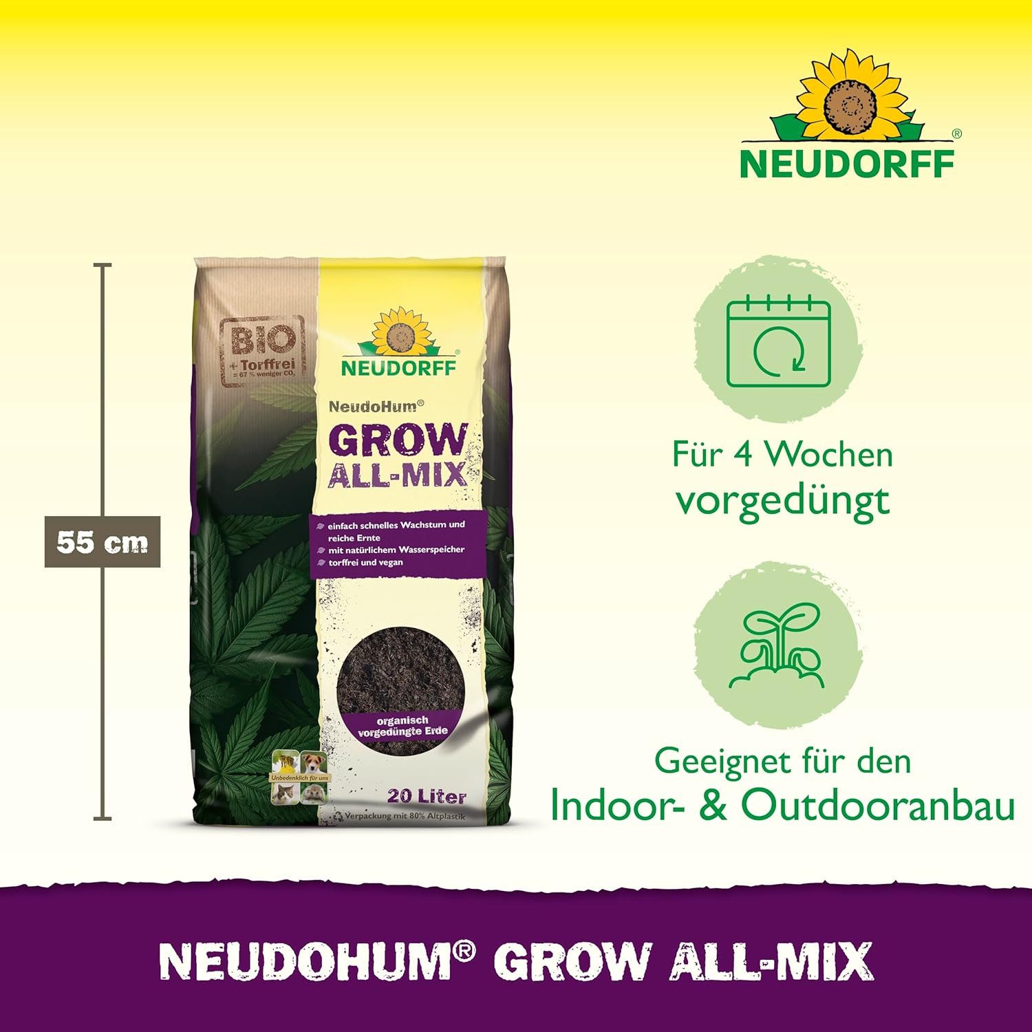 Neudorff Blumenerde NeudoHum Grow Erde All-Mix 20 L, dank organischer Aufdüngung mit Naturdünger für 6 Wochen vorgedüngt