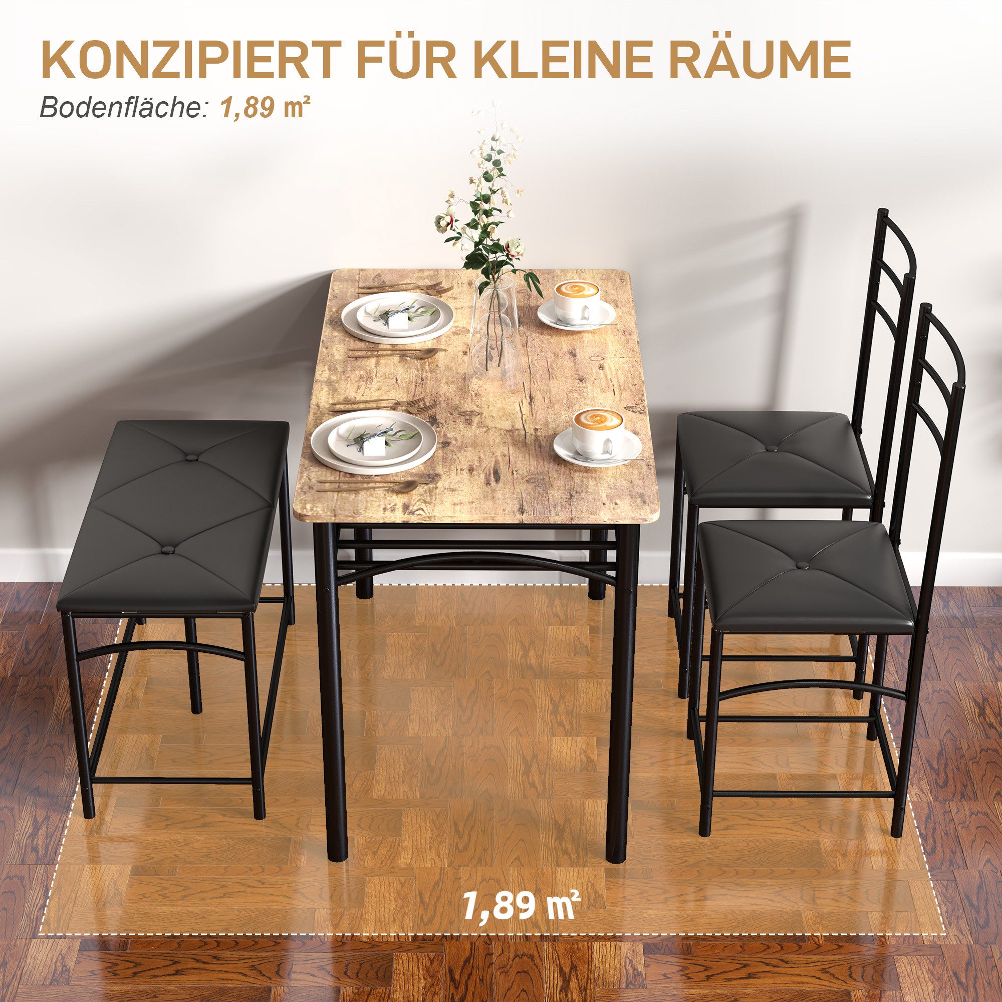 HOMCOM Essgruppe Platzsparendes Set aus Tisch, 2 Stühlen und Bank, (Esszimmer-Set, 4-tlg., Küchenset für kleine Räume), Metall, MDF, Braun