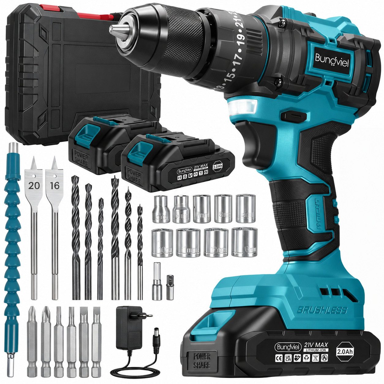 Bundviel Akku-Bohrschrauber 21V Akkuschrauber 3in1 Akkubohrer Bohrmaschine mit 2 Akkus, max. 1800 U/min, (Set, mit 2 x 2000mAh Akkus & 27-tlg), 2 Gang, 25+3 Drehmomentstufen, Akku-Schlagbohrschrauber
