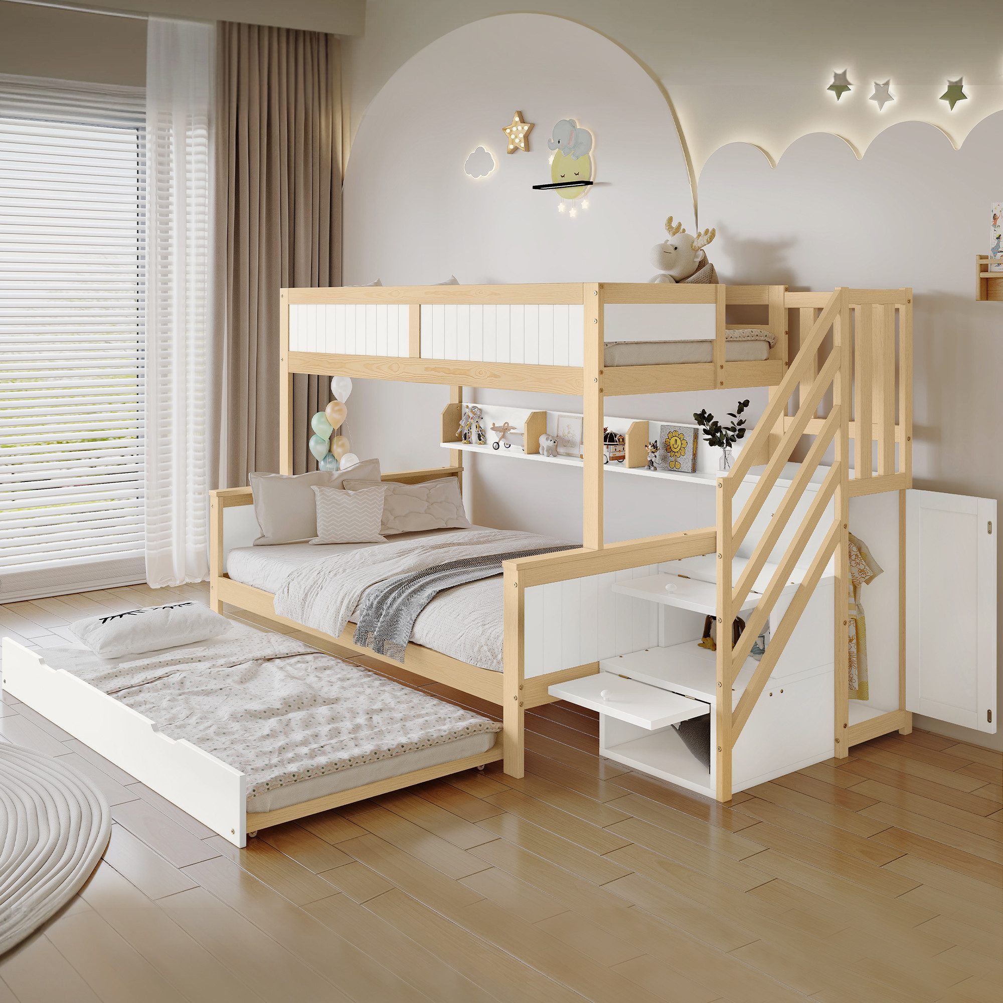 MODFU Etagenbett mit Ecktreppe, Kleiderschrank & Fallschutzgitter (Kinderbett mit Rollbett und Stauraum, Hausbett 90x200 & 90x190 & 120*200cm), ohne Matratze