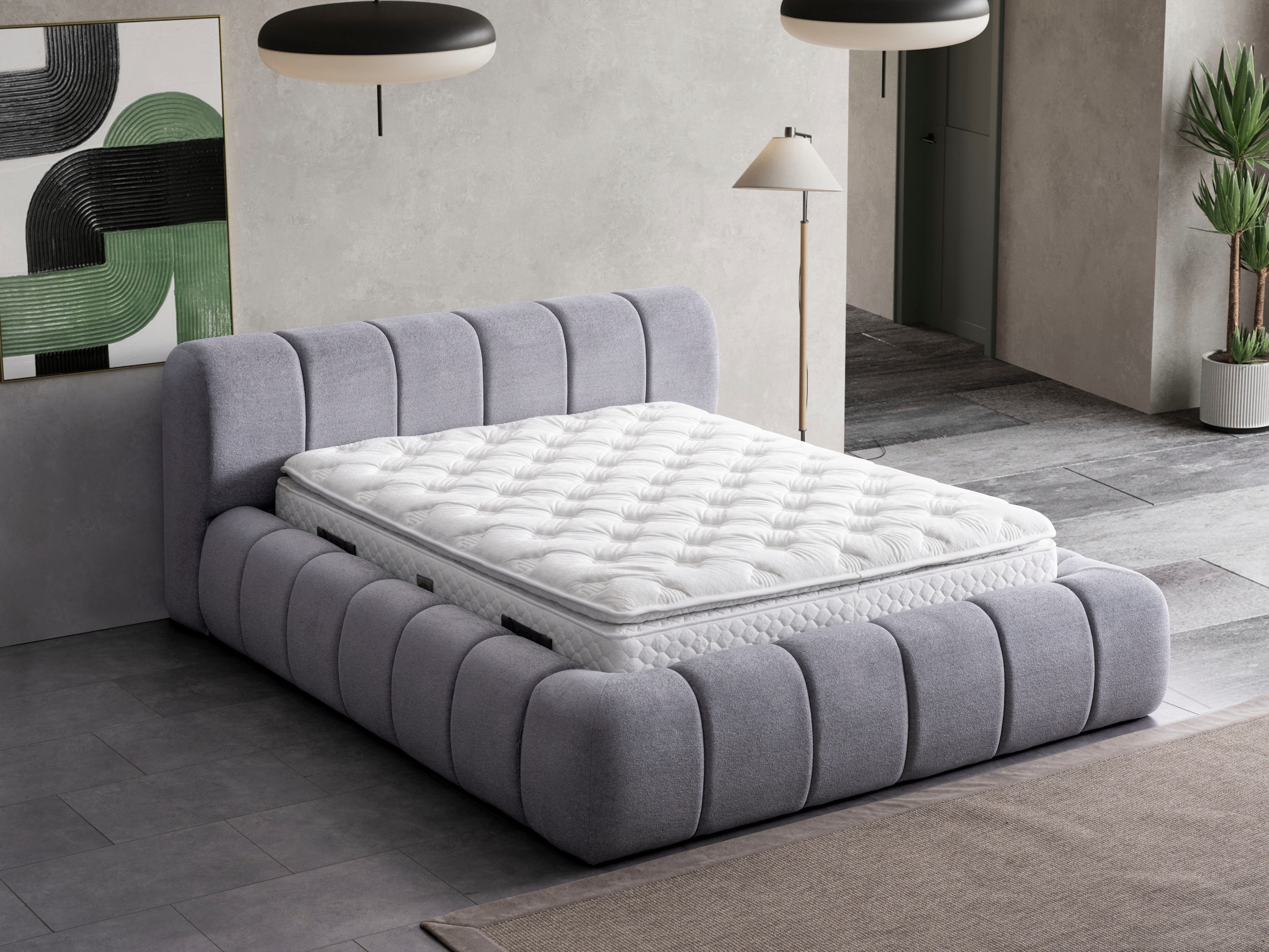 Bermo Home Polsterbett Polsterbett Bubble - Modernes Bettgestell aus Stoff, ohne Matrtaze (Bettkasten ohne Matratze), Modernes Design, weich gepolsterter Bettrahmen, elegante Optik
