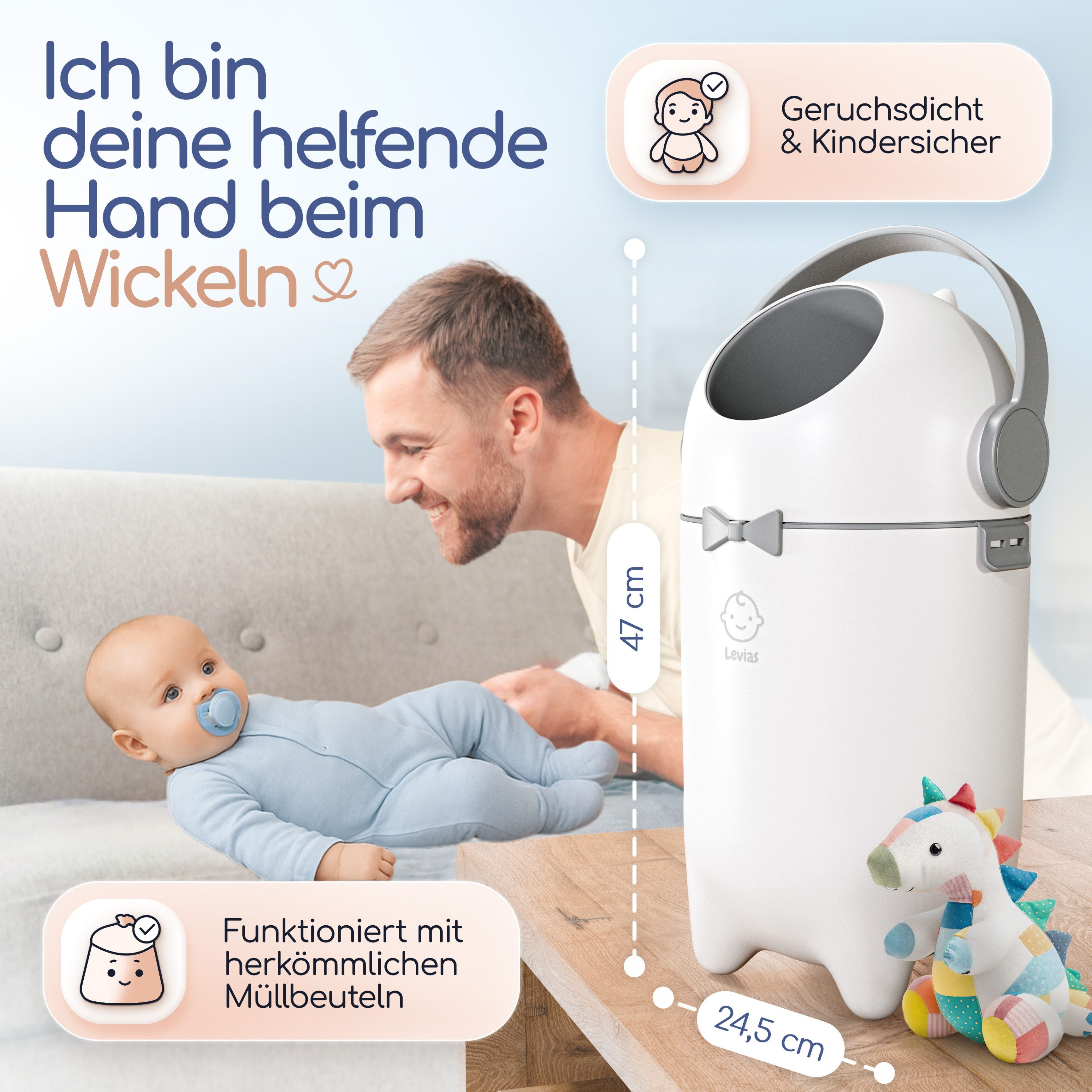 Levias Windeleimer Baby Mülleimer Windelmülleimer Geruchsdichter Wickeleimer, Geruchsdicht, ohne teure Nachfüllkassetten