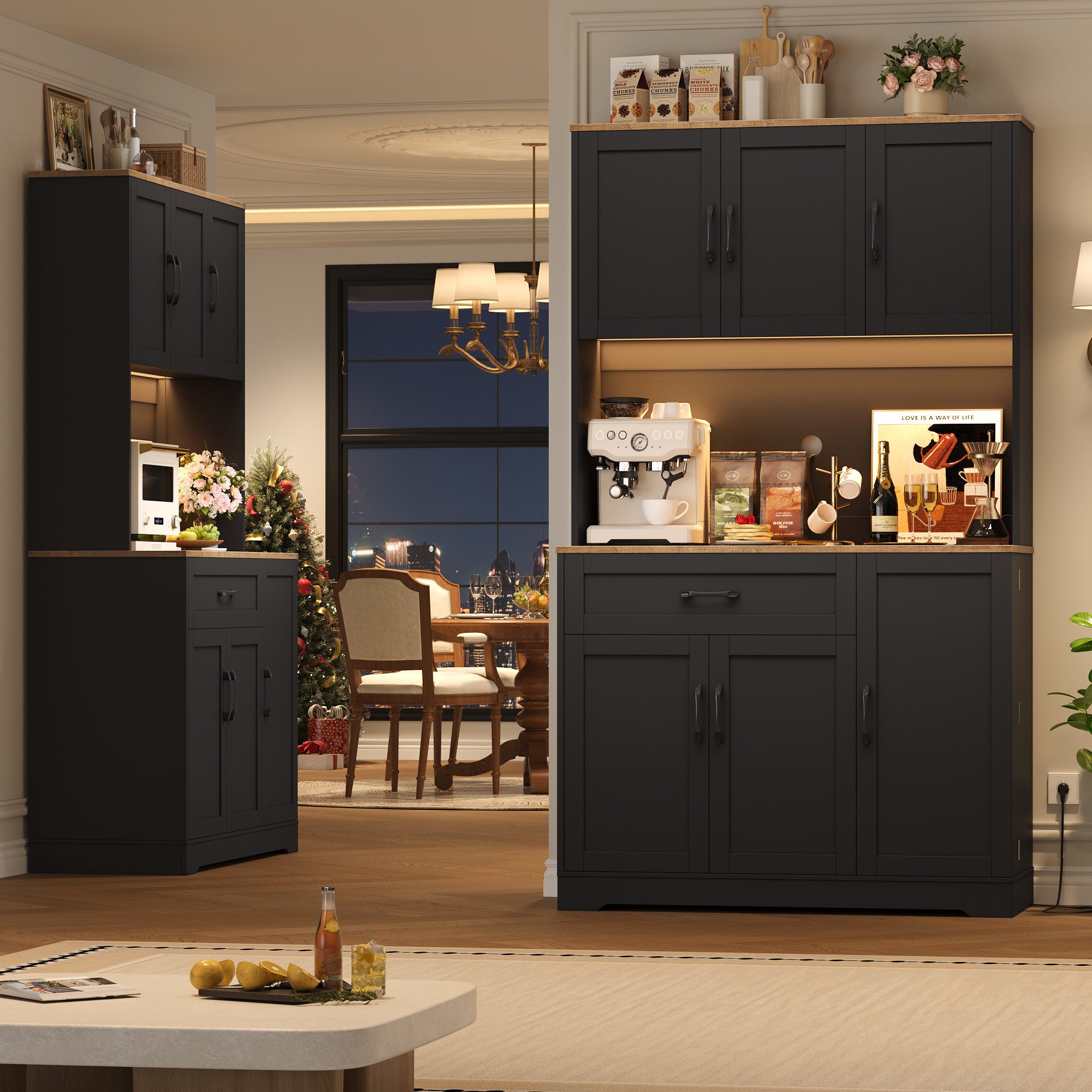 Homfa Küchenbuffet Küchenbuffet mit LED Küchenschrank Buffetschrank Sideboard weiß mit Steckdosenleiste & Arbeitsplatte 180,5x100x38,6cm