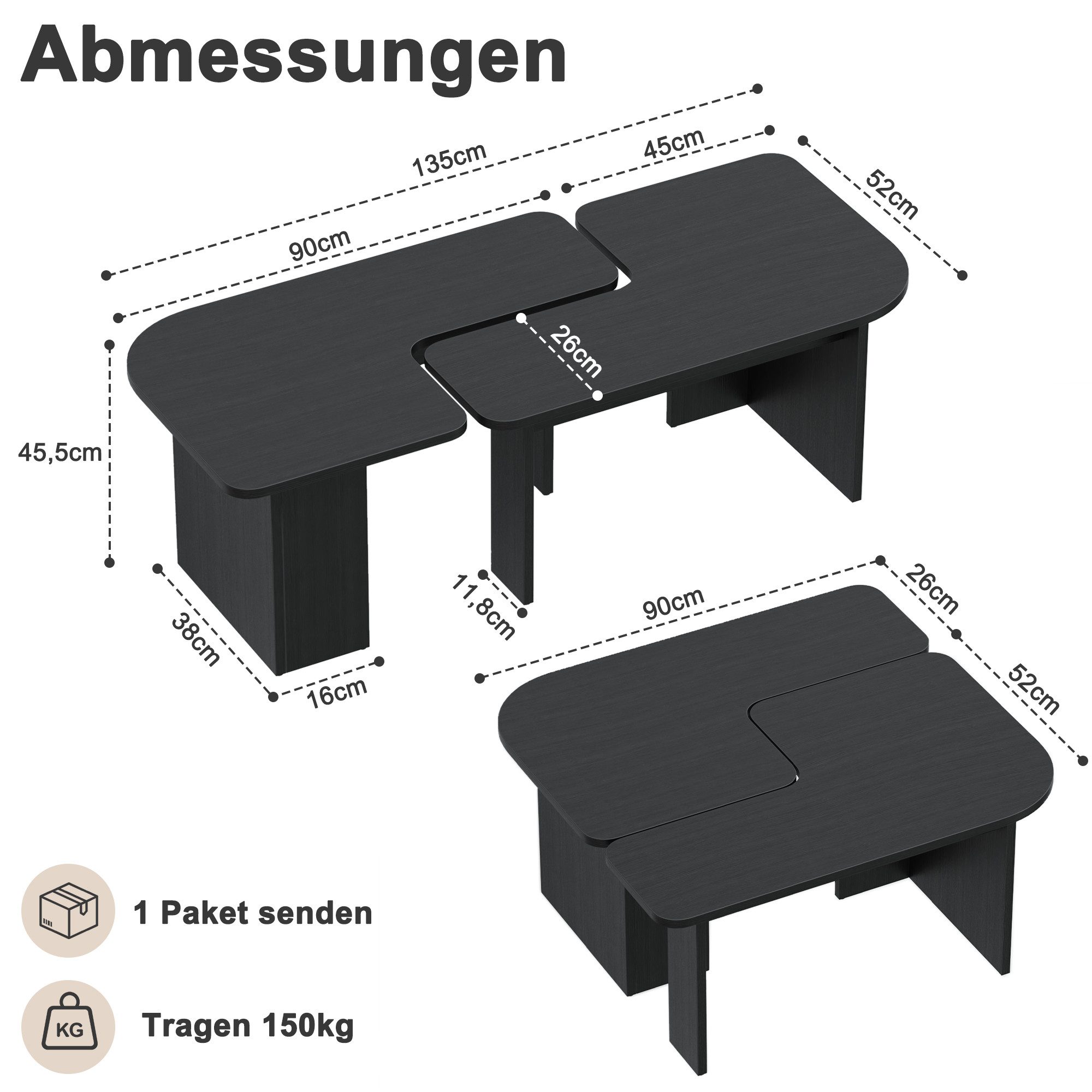 OYRREU Couchtisch Modulares Beistelltisch-Set 2-tlg. Schwarz Holzoptik, 90x52x45,5 cm (Sofatisch Set aus 2, Moderne Kaffeetische für Wohnzimmer & Schlafzimmer), unregelmäßiger verdickter Beistelltisch mit Runden Ecken, Schwarz