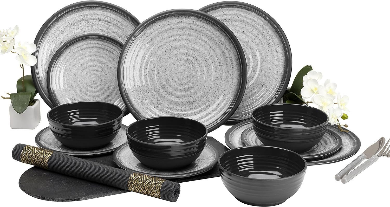 HEKERS Geschirr-Set 100% Melamin Geschirr Granit Ruby, 1 Personen, Melamin, Bruchsicheres, leichtes Melamin Geschirr für Haushalt & Outdoor