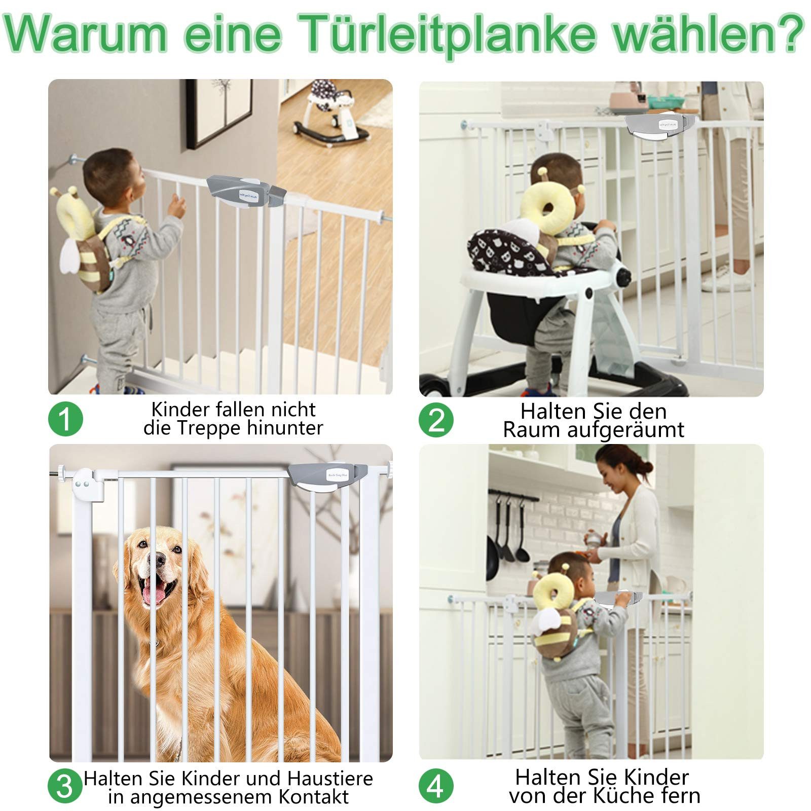 FIVMEN Treppenschutzgitter Türschutzgitter Treppengitter ohne bohren für Kindersicherheit, 76cm Hoch Weiß/Schwarz aus Metall – Bild 5 von 5