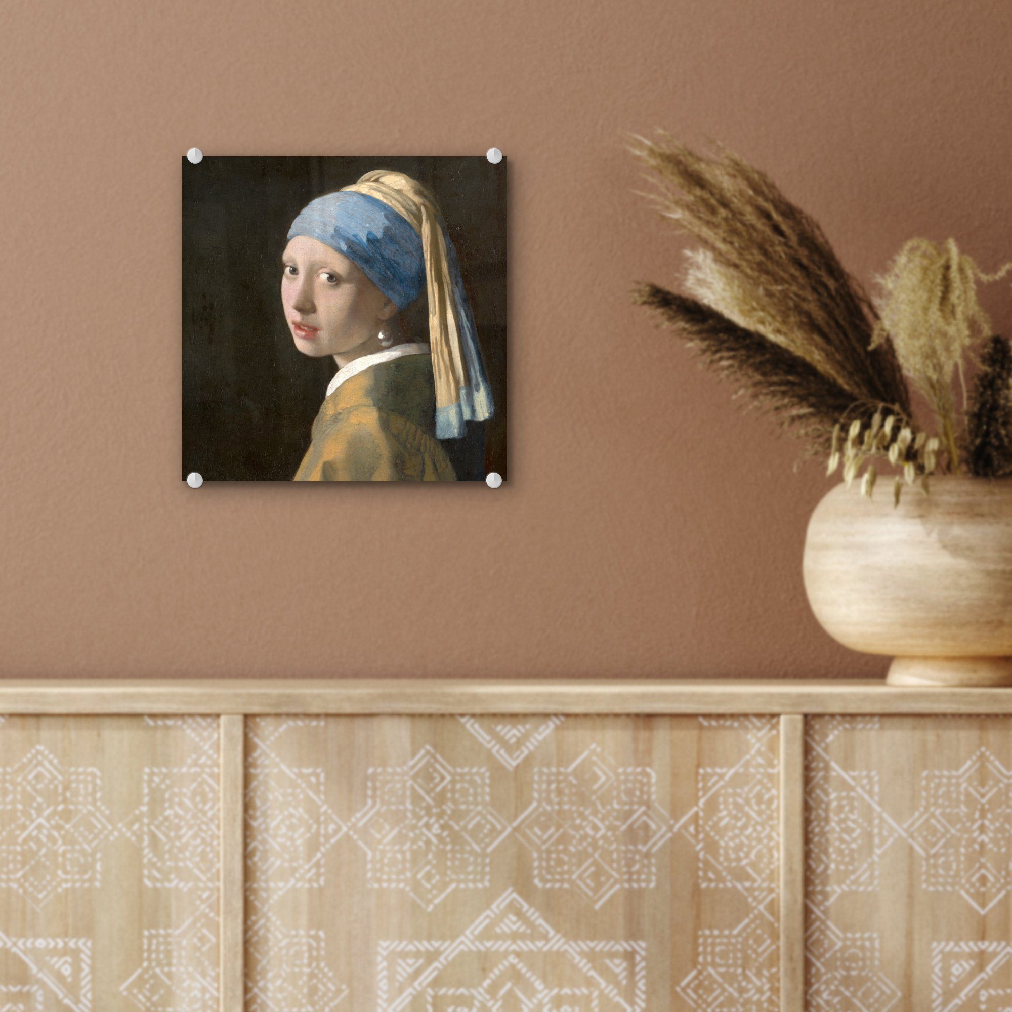 auf - (1 - Foto mit Glas Acrylglasbild Bilder Glasbilder Johannes von Wanddekoration Wandbild auf dem Das - Glas Mädchen bunt Vermeer, MuchoWow Perlenohrring St), Gemälde -