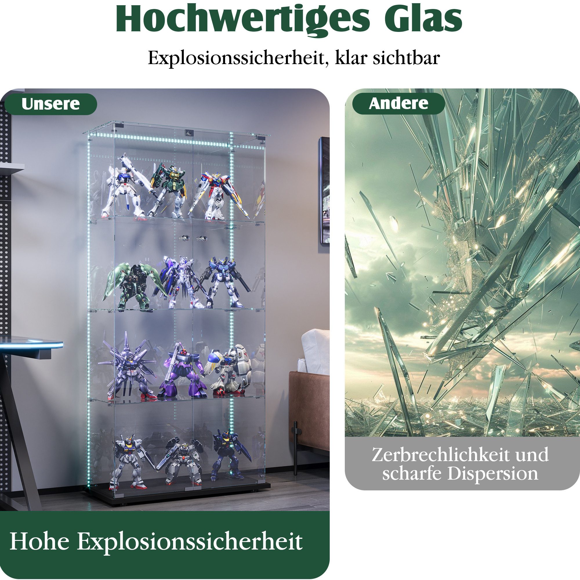 Simurq Glasvitrine Standvitrine mit LED und 2 Glastüren, Vitrinenschrank Glas (4 Ebenen(78,5x35x163 cm), 5 Ebenen(78,5x34,5x186,5 cm), Glasschrank mit 2 Türen,S – Bild 5 von 5