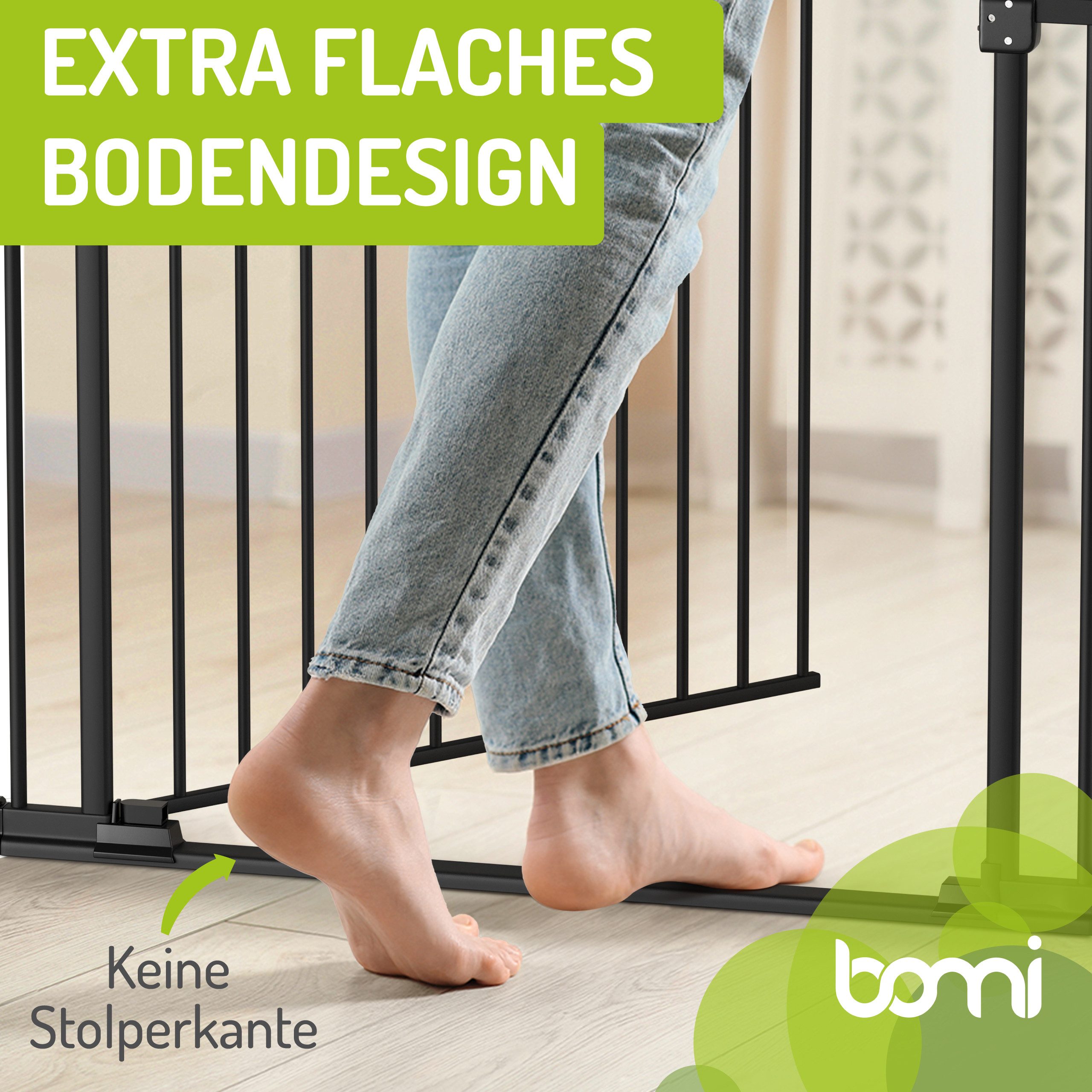 BOMI Türschutzgitter Treppenschutzgitter Merle Flatstep, Babygitter flacher Steg, 63-217 cm (verschiedene Größen, klemm- & verschraubbar), 2-Wege-Öffnung, geprüftes Kindergitter, extra breiter Durchgang