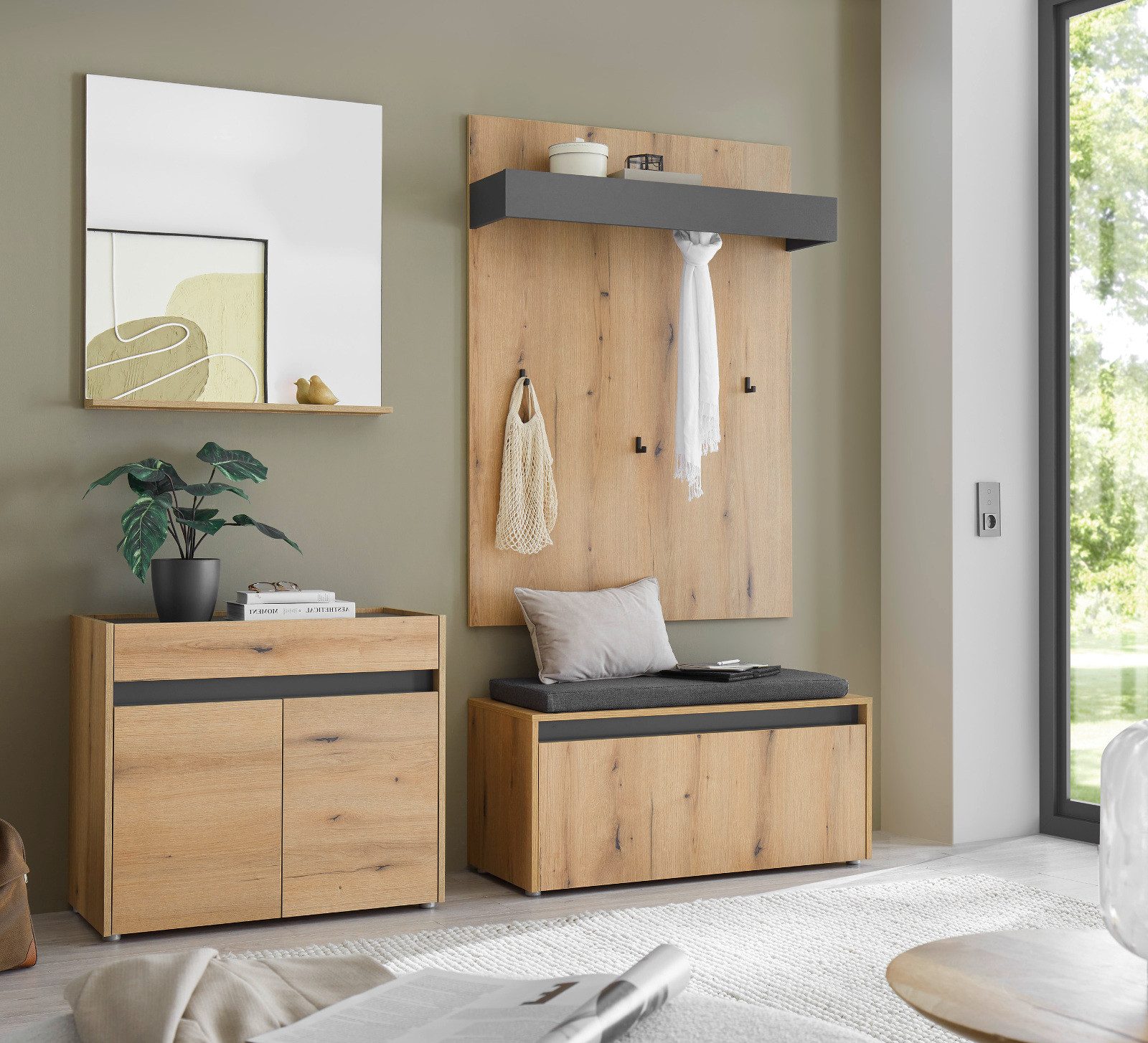Furn.Design Garderoben-Set Center, (Flurgarderobe in Eiche mit Grau, Set 4-teilig, 190 x 200 cm), mit Sitzkissen