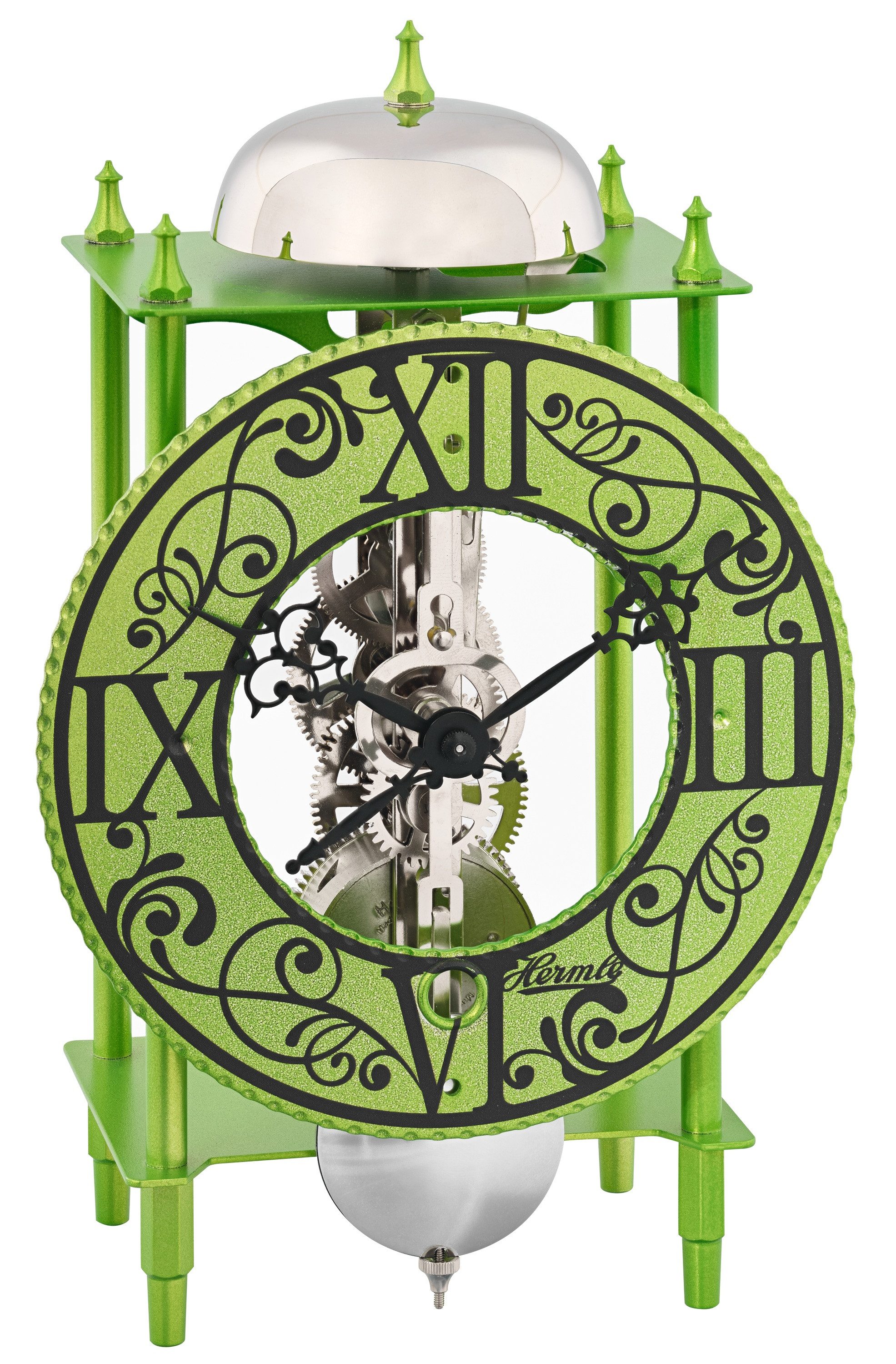 Hermle Pendeltischuhr mechanisch mit Stabpendelwerk mit Stundenschlag auf Glocke offenes, sichtbares Uhrwerk