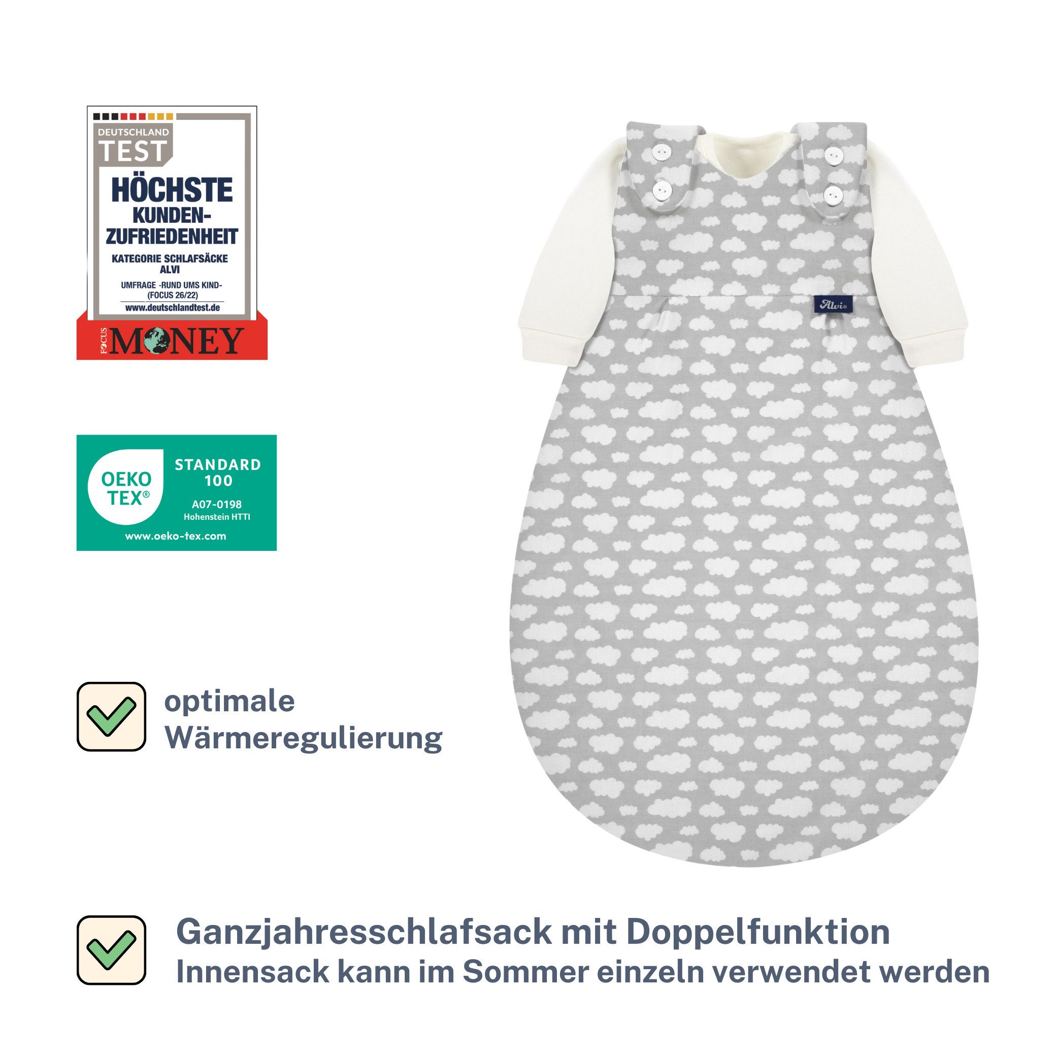 Alvi® Babyschlafsack Schlafsack Baby Mäxchen 3tlg. Wolke Silber Exclusiv günstig online kaufen