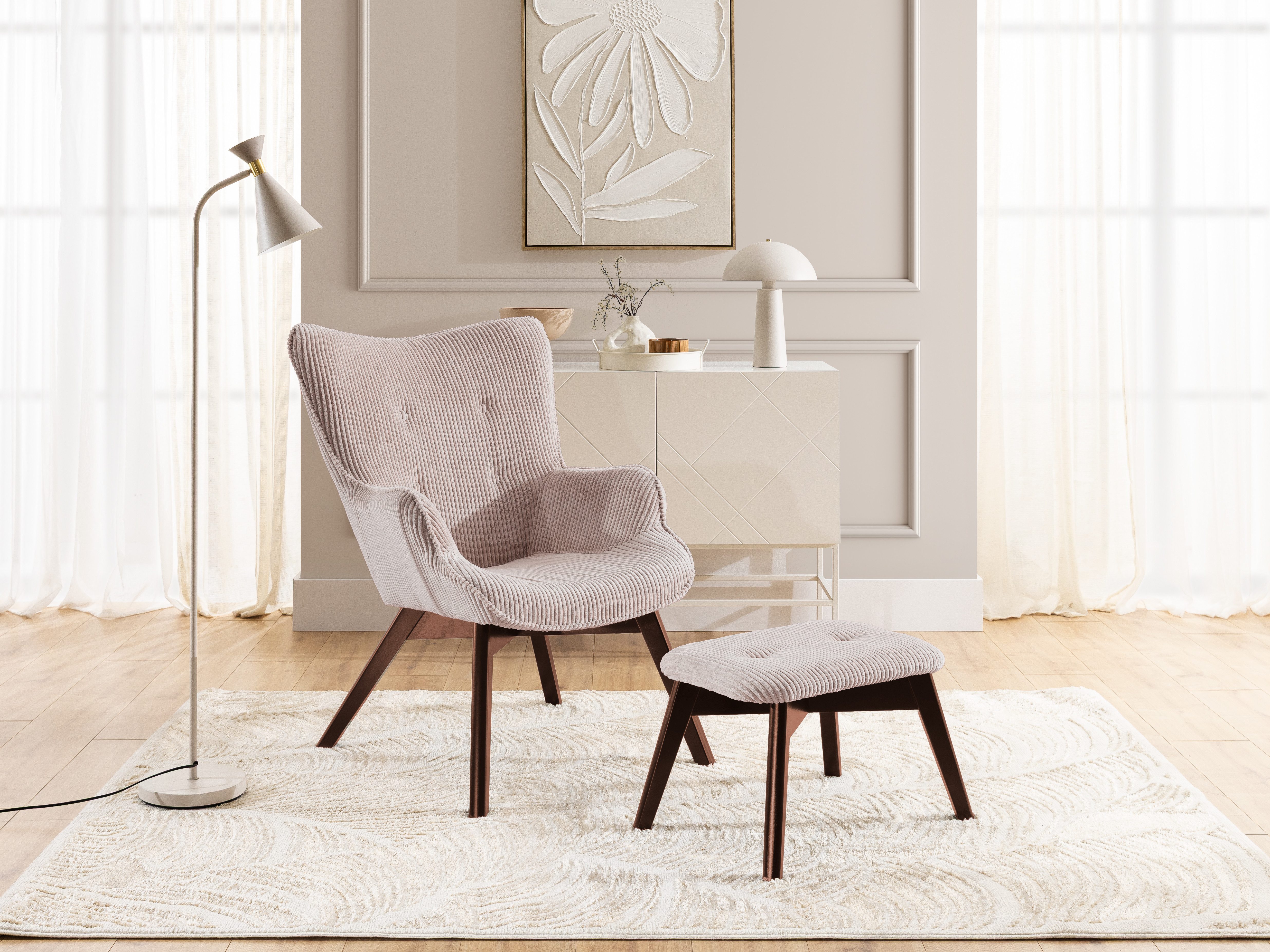 S-Style Möbel Loungesessel mit Fußhocker Lenari aus Cordstoff mit Füßen aus Massivholz (1 x Lounge-Sessel, 1 x Hocker)