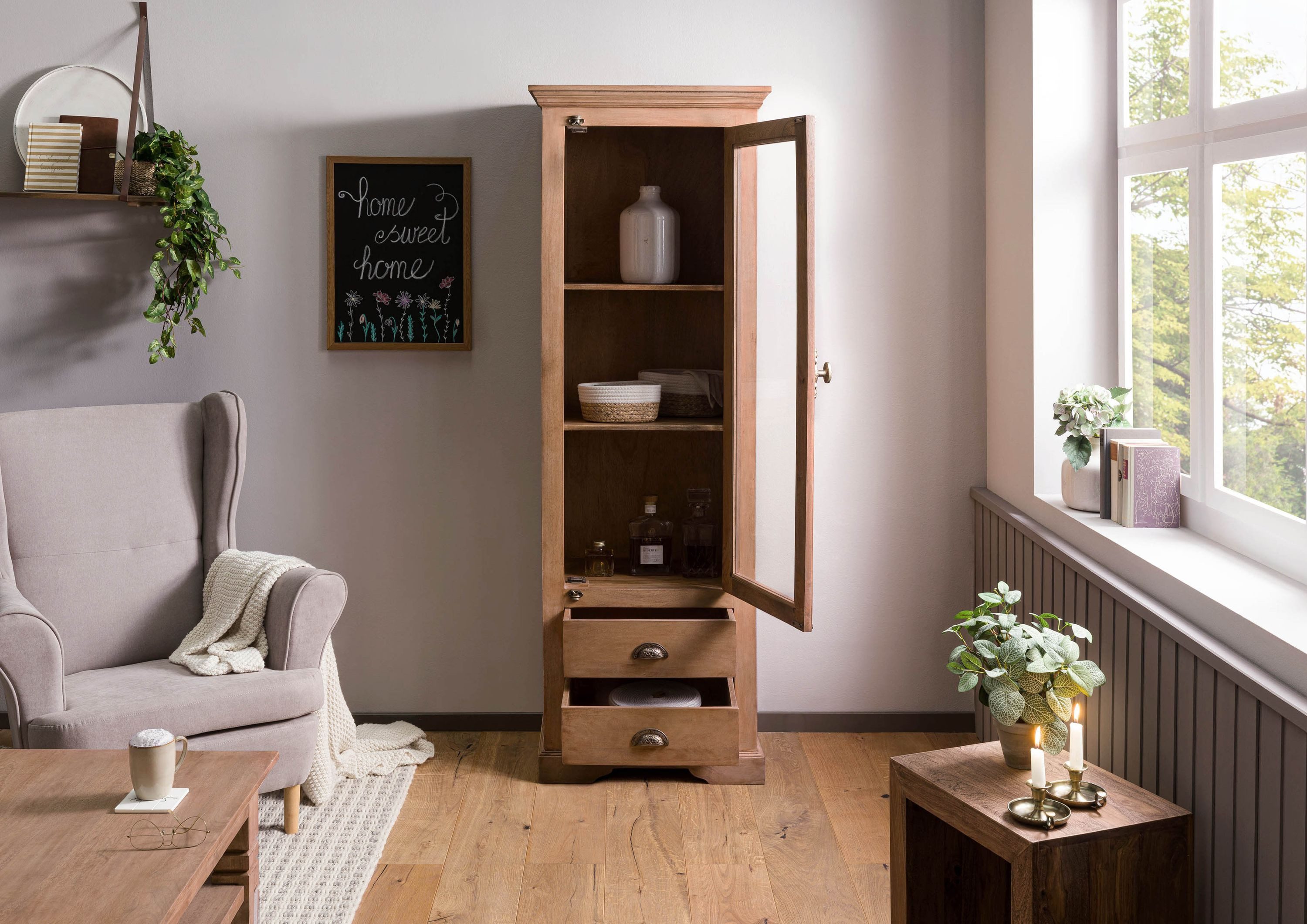 Massivmoebel24 Standvitrine TOULOUSE (Mango 65x45x190 beige geölt TOULOUSE #02) Mango 65x45x190 beige geölt TOULOUSE #02