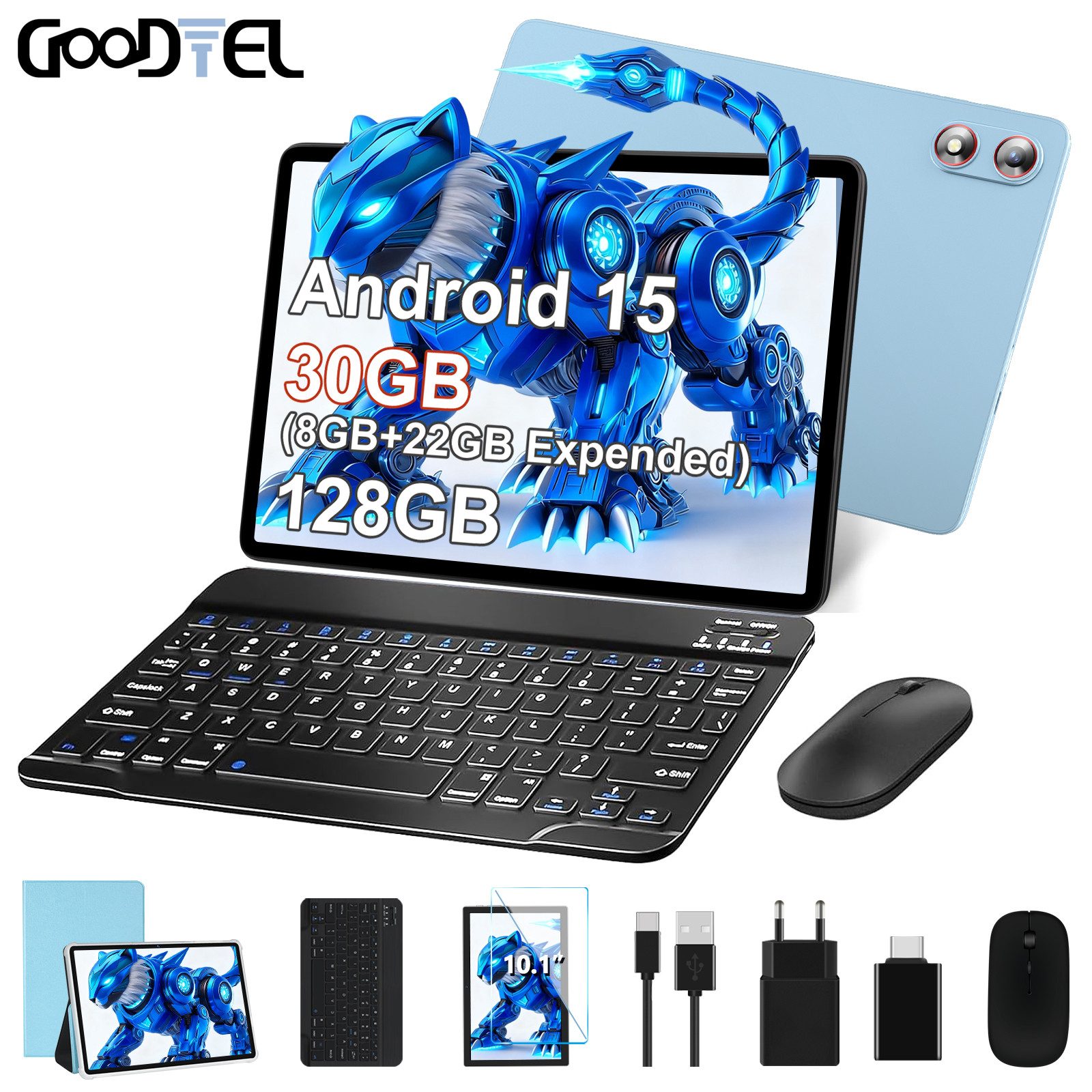 GOODTEL Tablet Android 15, WiFi, 30GB RAM 128GB Speicher/erweiterbar auf 1TB Tablet (10,1", 128 GB, Android 15, 8000 mAh, Widevine L1, Gemini AI, mit Zubehör Tastatur, Maus)