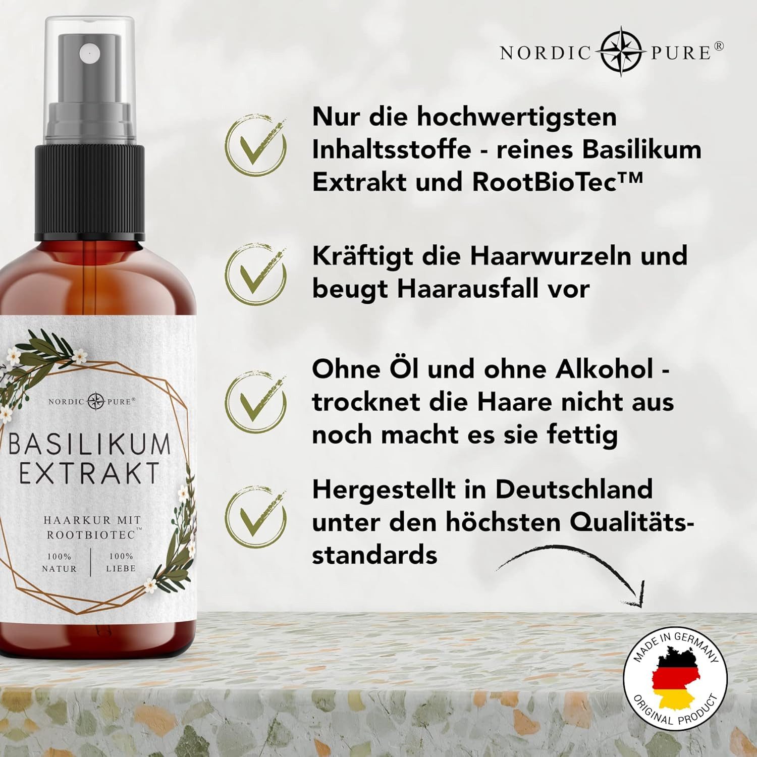 Nordic Pure® Haarserum Nordic Pure Basilikum-Extrakt mit RootBioTec™, Natürliche Haarkur für dünnes & brüchiges Haar für mehr Fülle und Vitalität