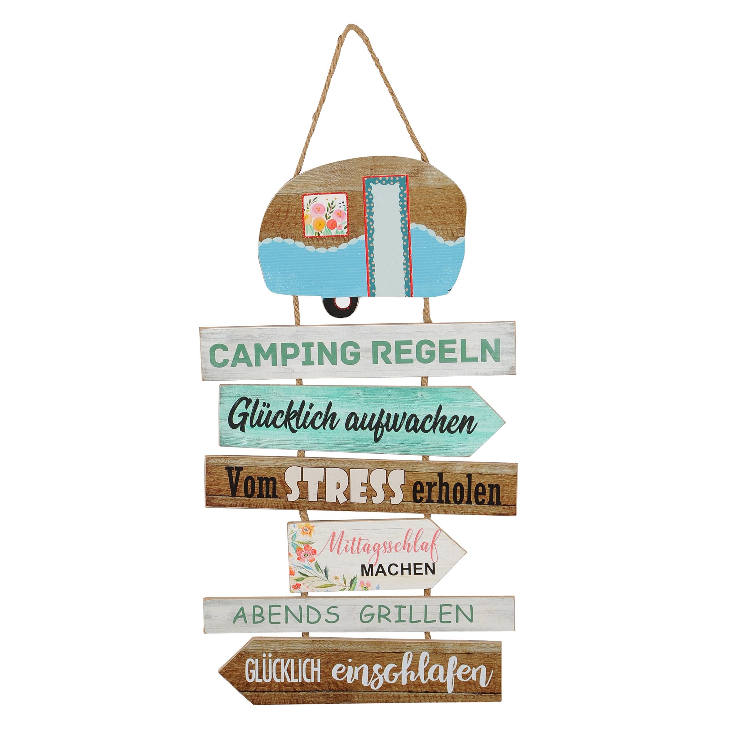 Spetebo Hängedekoration Dekoschild mit Camping Regeln - 62 x 35 cm (Stück, 1 St., Campingregeln), Deko Plankenschild zum aufhängen