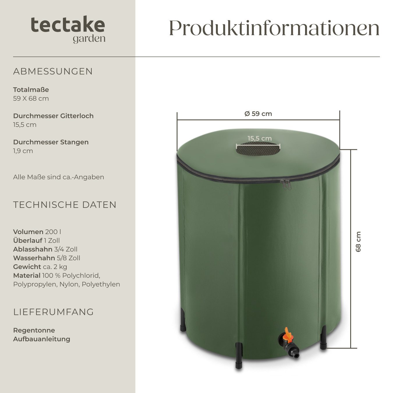 tectake Regentonne, 200 l, mit Hahn und Überlaufschutz