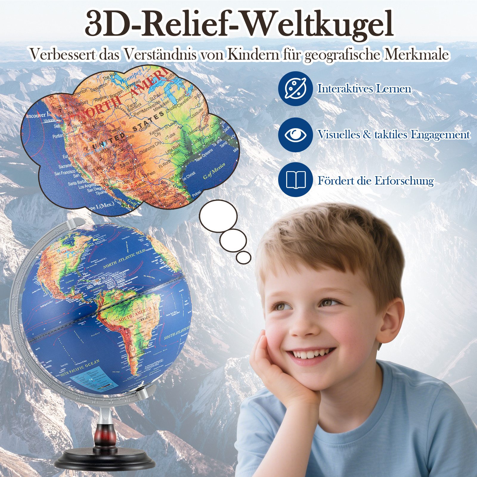 KOMFOTTEU Globus, Weltglobus mit erhabener Reliefkarte, LED-Beleuchtung