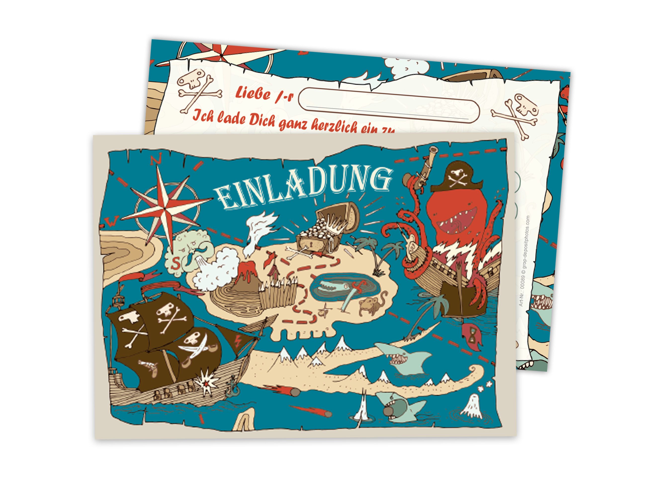 LIMONIA Einladungskarten Piraten zum Kindergeburtstag Einladungen Karten Schiff Schatzsuche, Einladungskarten mit Piraten Motiv für Kinder