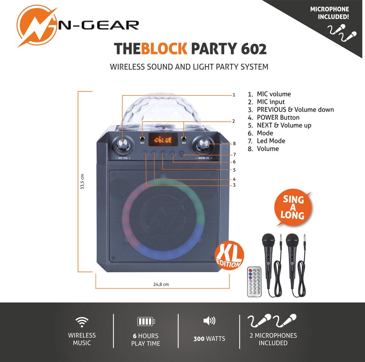 N-GEAR Block Party 602 Space Grey Bluetooth-Lautsprecher (Bluetooth, enthält 2 Mikrofone plus Partylicht)