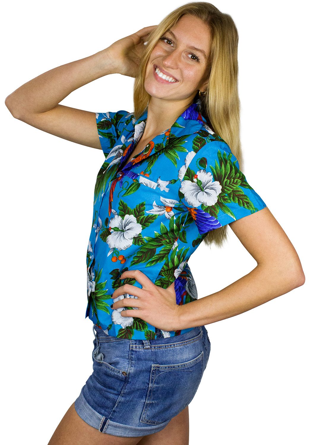 King Kameha Hawaiihemd Cherryparrot Funky Hawaiibluse Damen Kurzarm Front-Tasche Stylish