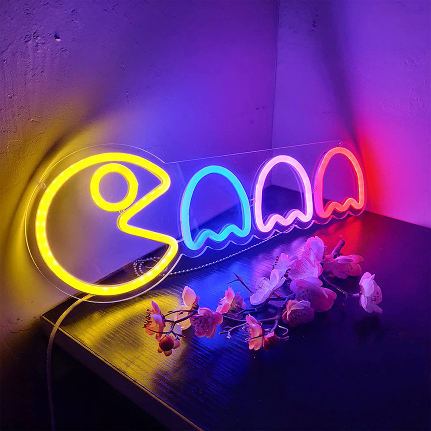 Jibenhome LED Dekolicht Pacman Acryl Neon Sign, USB Schalter Gaming LED Neon Schild Wandleuchte, mit 58 cm langer Metallkette, Wandleuchte für Zimmer Gaming Room Spielzimmer Schlafzimmer