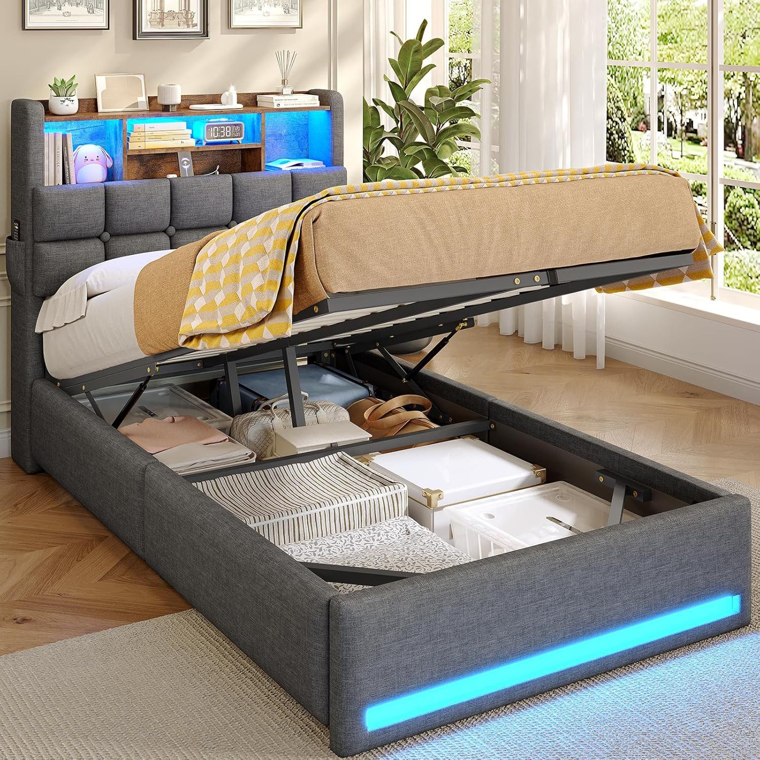 MSMASK Polsterbett Hydraulisches Stauraumbett mit LED-Bleuchtung, 90X200 cm (1-tlg., Ohne Matratze), Jugendbett mit USB- und Type-C-Anschlüsse, Leinenstoff