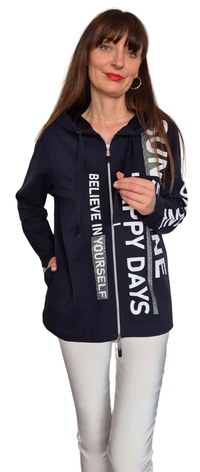 Estefania for woman Sweatjacke 190-9101 leichte Long Sweatjacke mit Schriftzug und Strassbesatz