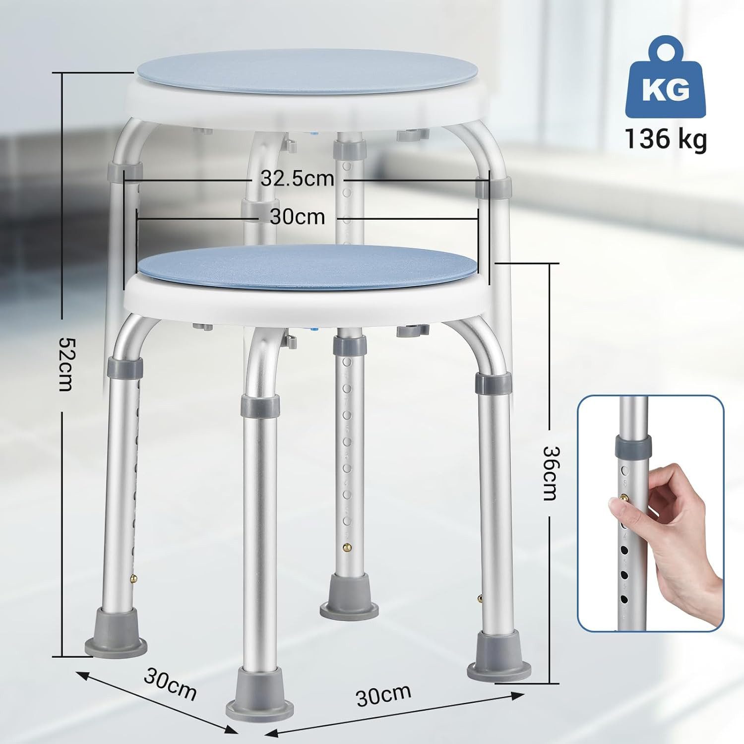 TLGREEN Duschhocker Rund-Badhocker,360° Duschsitz,Drehbarer Duschstuhl, belastbar bis 136 kg, Höhenverstellbar 36-52cm,Duschhilfe Badsitz, für Senioren Shower Seat