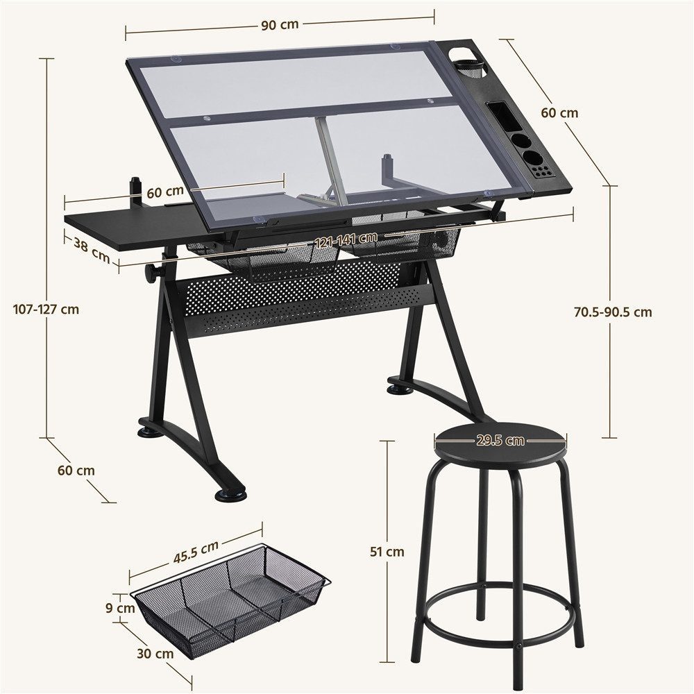 Yaheetech Zeichentisch Glas-Zeichentisch mit Hocker, mit Schubladen, Ablage & Stauraum, Verstellbare Tischplatte 0–40° – Bild 4 von 5
