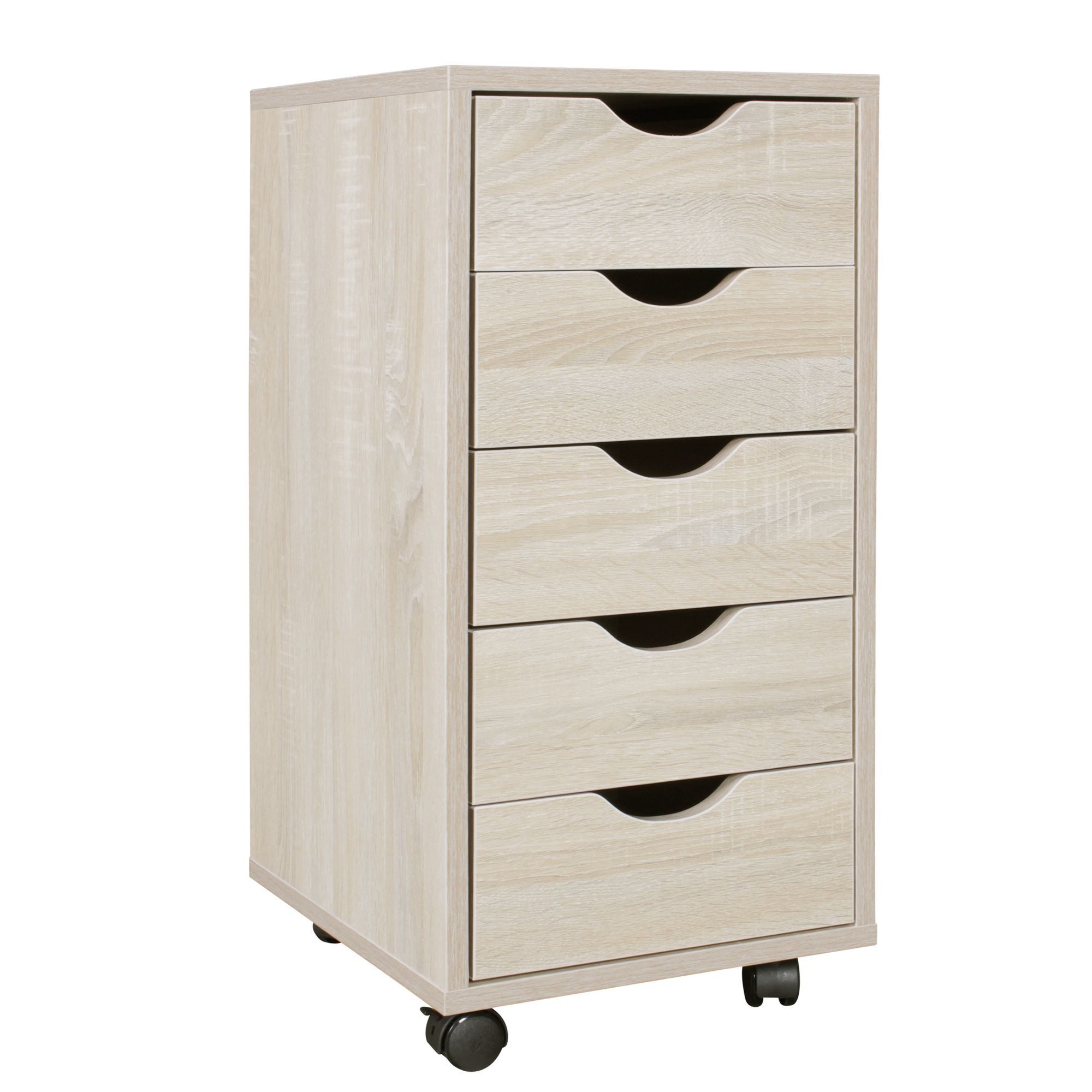 Wohnling Rollcontainer 5 Schubladen sonoma Standcontainer Bürocontainer MDF Hol WL5.174, (Schreibtischcontainer 33 x 64 x 38 cm Sonoma), Rollschrank 5 Schubladen, Bürocontainer mit Rollen