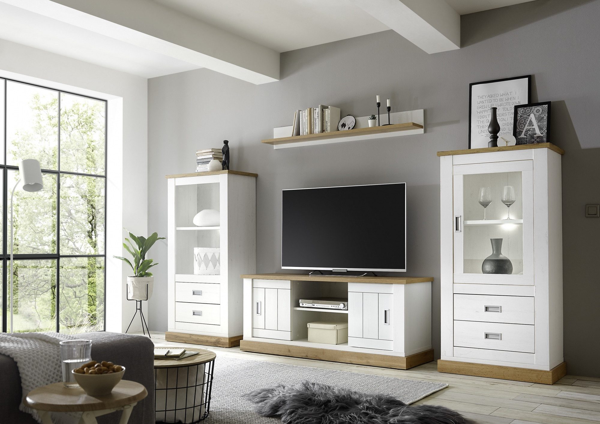 Beauty.Scouts Wohnzimmer-Set Kombination "Hamptons", Pinie Weiss Dekor, 324x170x46 mit Beleuchtung