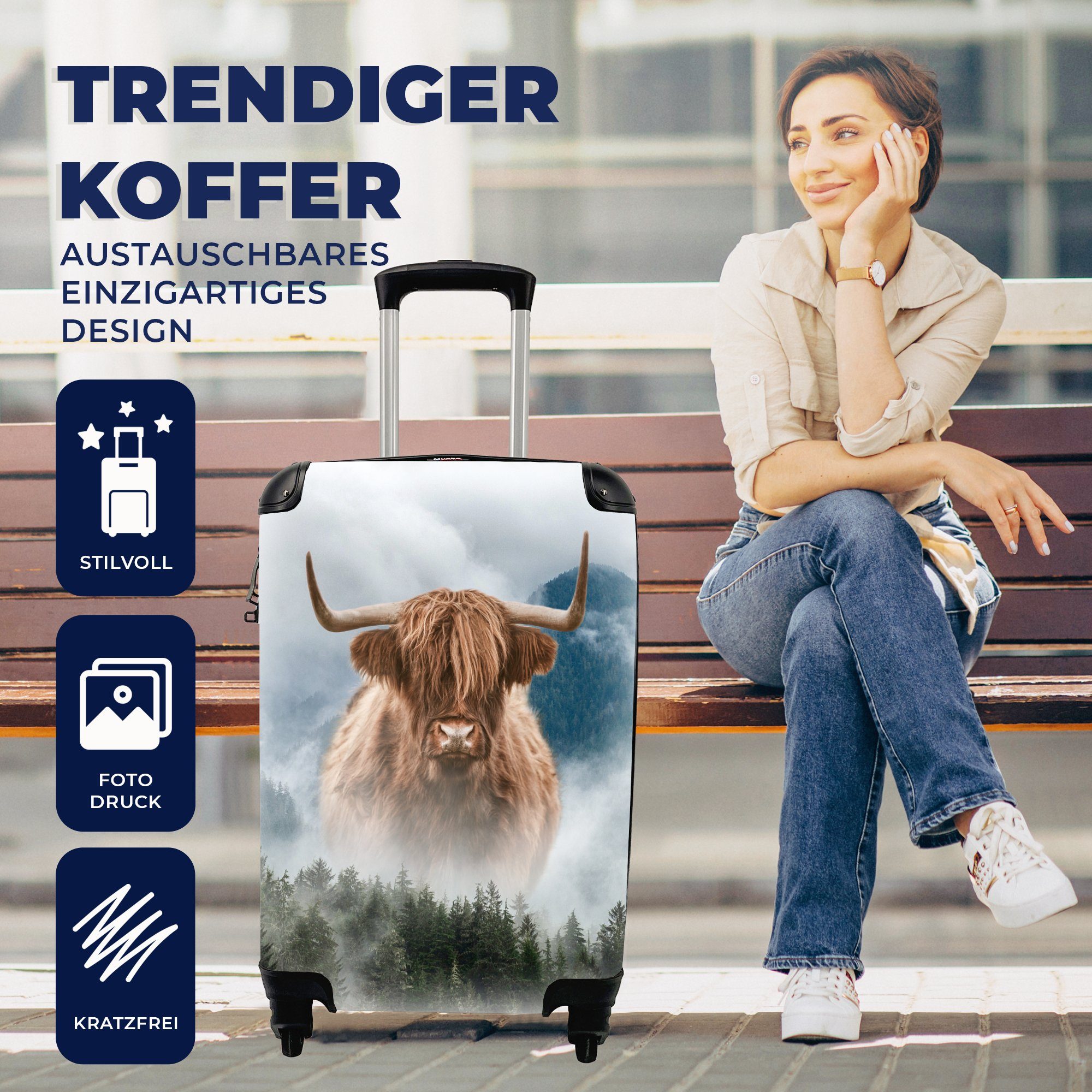 MuchoWow Handgepäckkoffer Nebel Reisetasche Ferien, mit Schottischer 4 - Trolley, für Reisekoffer rollen, - Wald, Highlander Rollen, Handgepäck