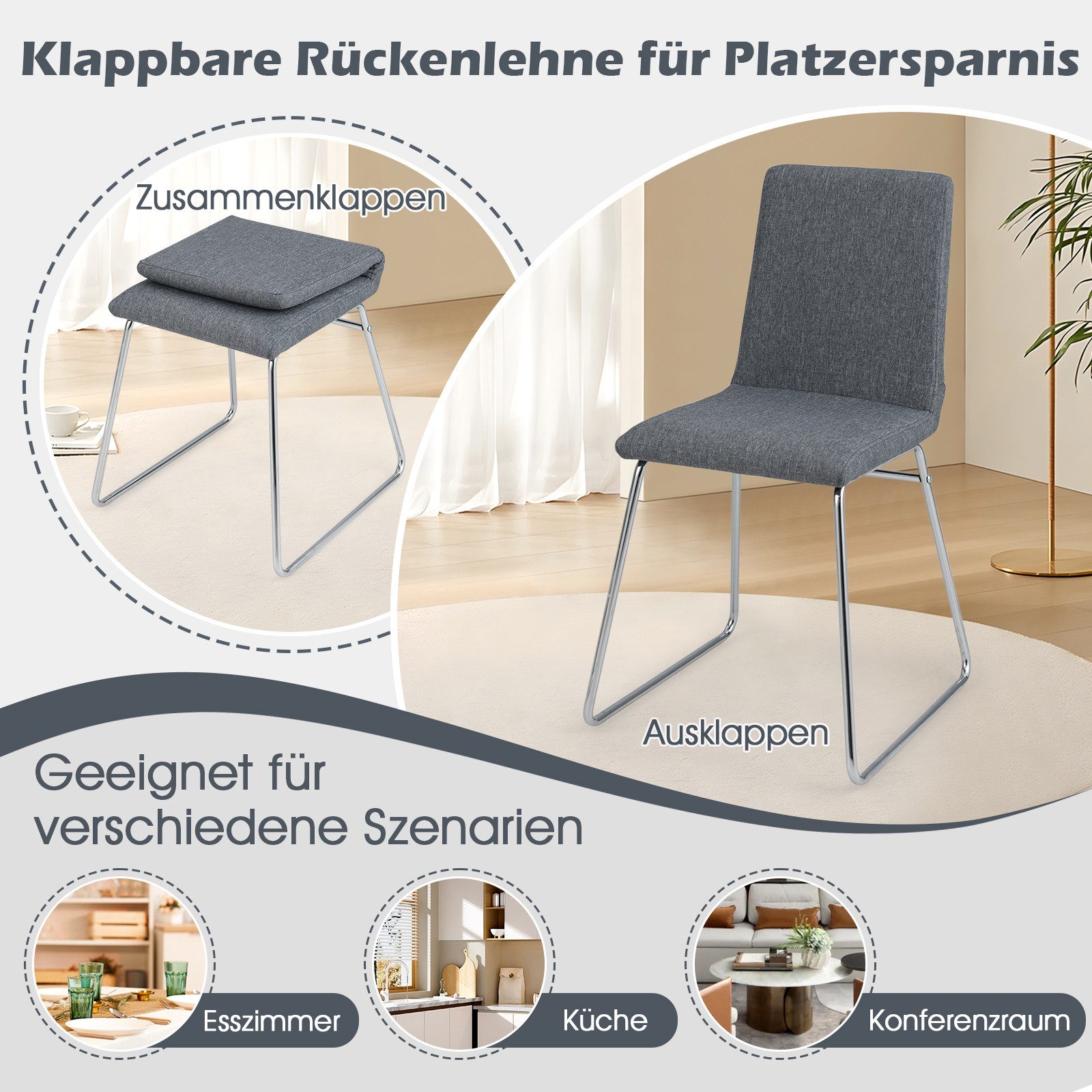 COSTWAY Esszimmerstuhl, gepolsterter Küchenstuhl mit klappbarer Rückenlehne