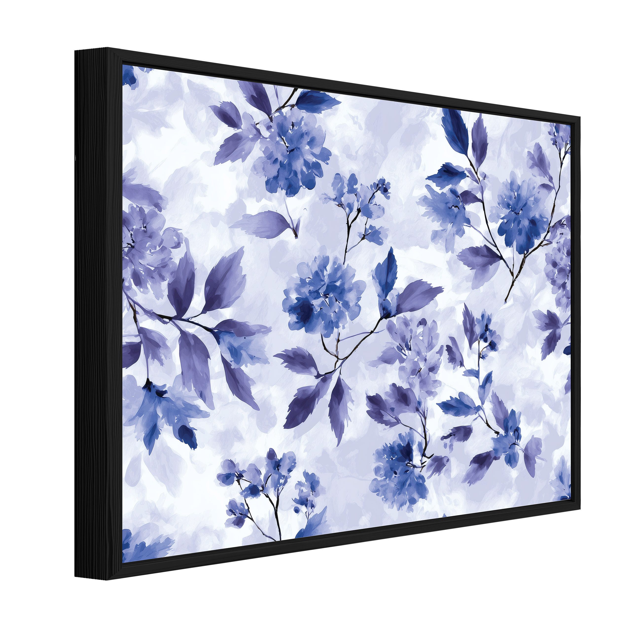 Wallarena Leinwandbild Blumen Blau Weiß Modern Wandbilder Wand Deko XXL Bilder, Blumen (groß Bilder Wohnzimmer Schlafzimmer Einteilig, 1 St), Bild mit Rahmen Wohnzimmer Schlafzimmer Küche Deko 40x30