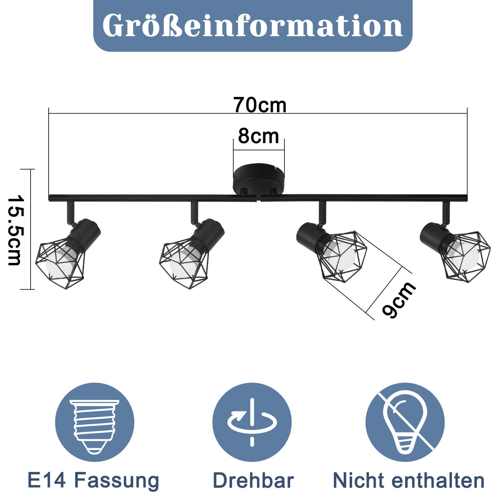 Nettlife Deckenstrahler Wohnzimmer Vintage Schwarz 1/2/3/4/5 Flammig E14 Industrial, Schwenkbar 350°, LED wechselbar, drehbar für Wohnzimmer Flur Esszimmer und  – Bild 5 von 5