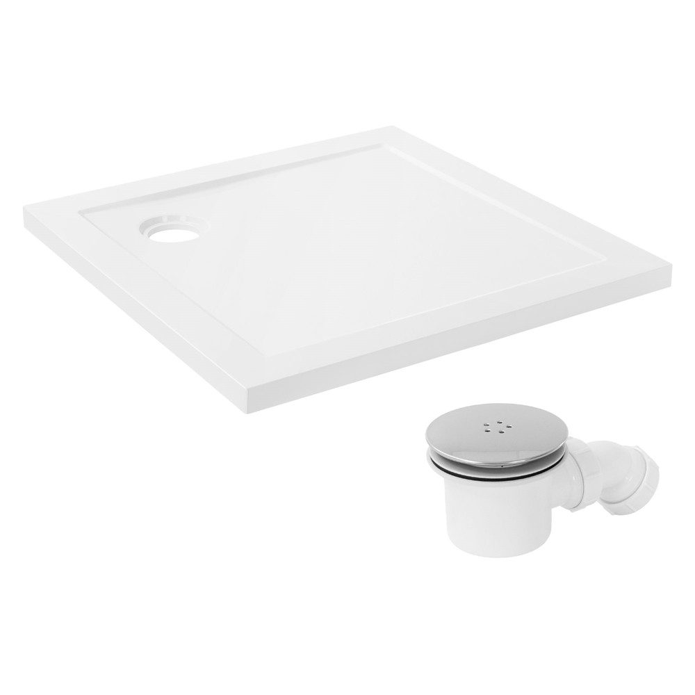 LuxeBath Duschwanne Brausetasse mit Ablaufgarnitur, Duschtasse Komplett Set Hochglanzoptik, Eckig, Brausewanne 80x80 cm eckig Weiß aus SMC mit Siphon