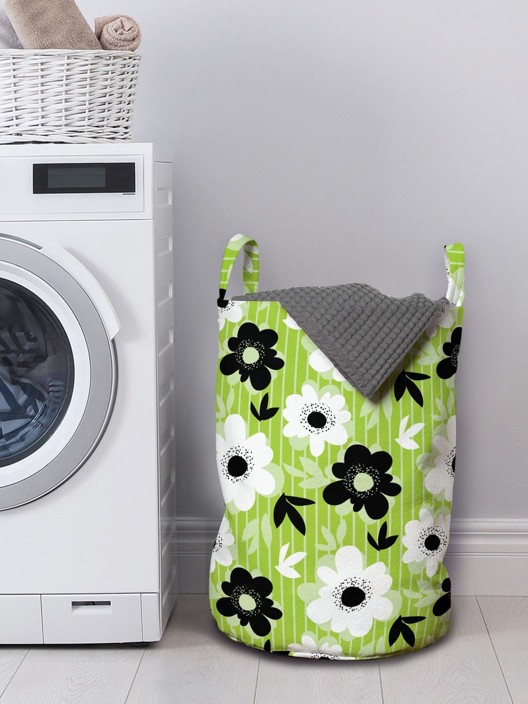 Griffen und Wäschekorb Frühling Streifen Wäschesäckchen Abakuhaus Waschsalons, mit Blumen Vögel für Kordelzugverschluss