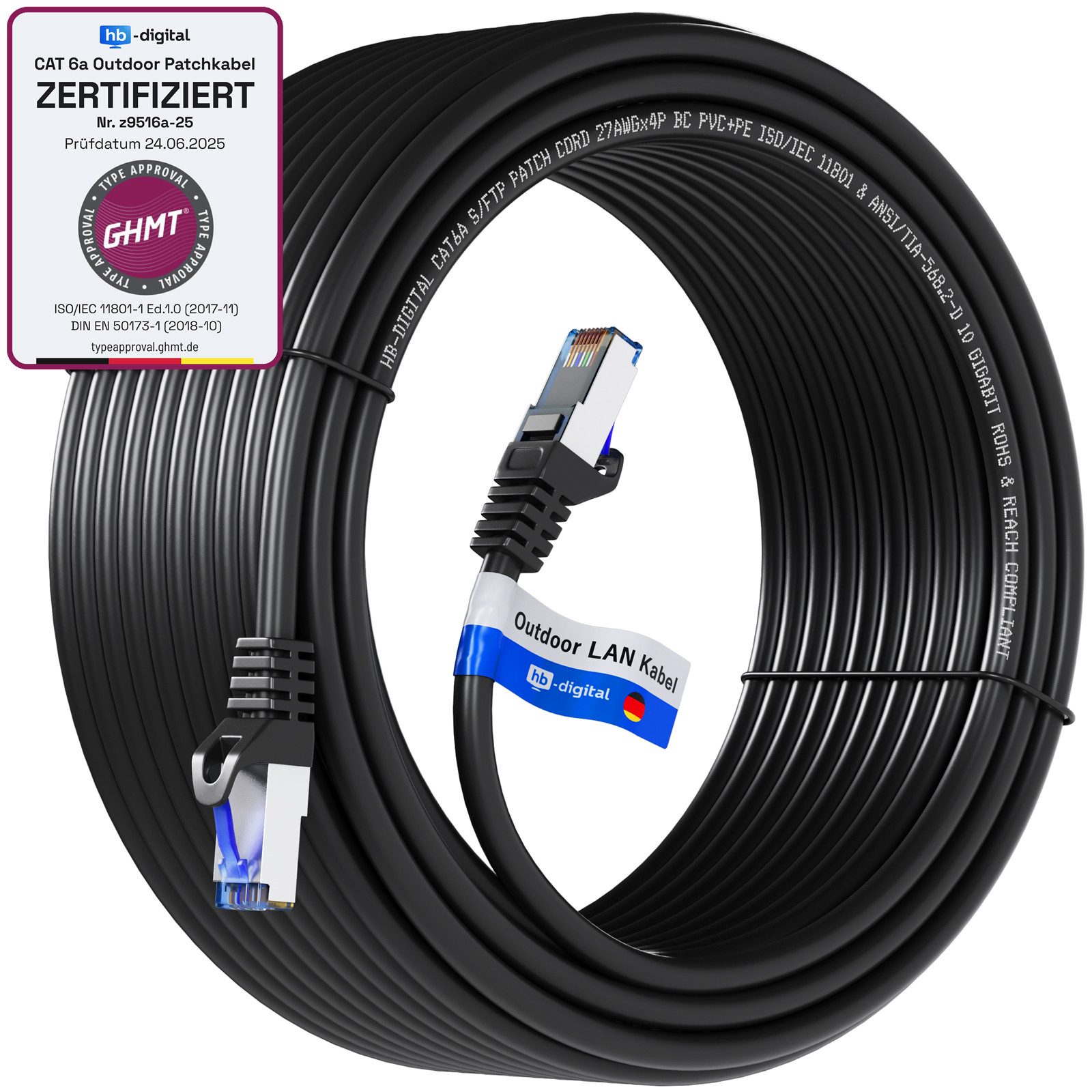 HB-DIGITAL Patchkabel CAT6a Outdoor S/FTP PVC + PE Netzwerkkabel, RJ45, (2500 cm), speziell für die Außeninstallation konzipiert