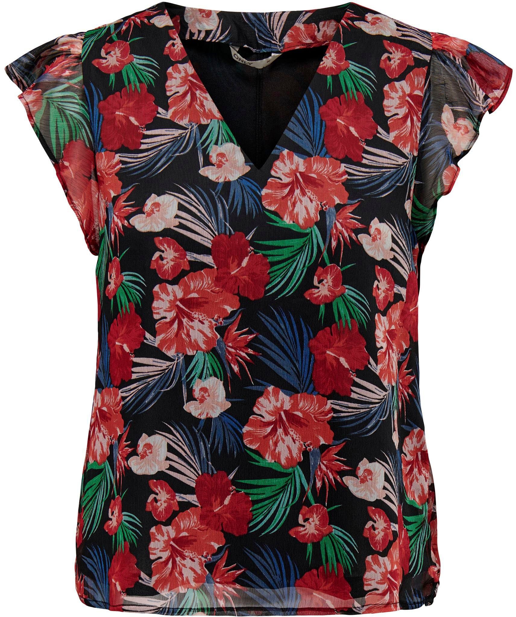 ONLY Blusenshirt ONLGABRIELLA FR S/S FRILL TOP PTM Black AOP:Tropical | V-Shirts