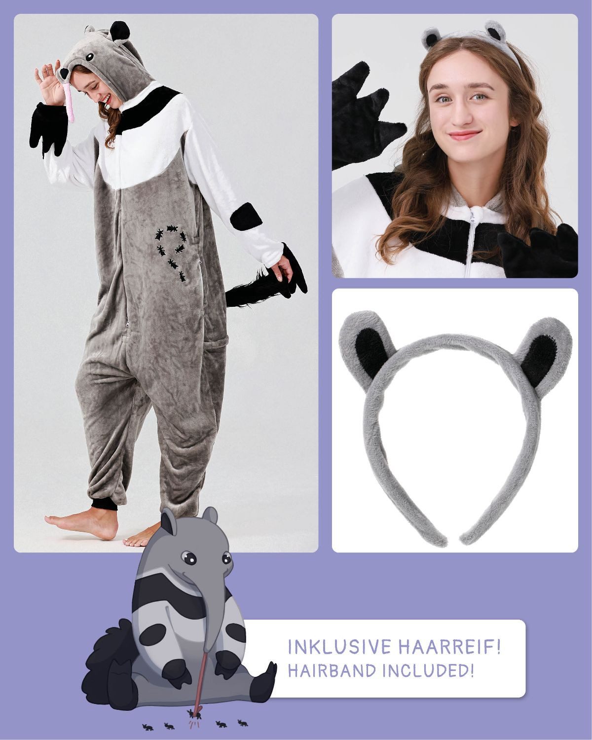 Corimori Partyanzug Flauschiges Ameisenbär-Kostüm für Erwachsene, Karneval Kostüm Onesie, Jumpsuit, Pyjama, Fasching, Kigurumi, Tierkostüme, Ameisenbär Elliot