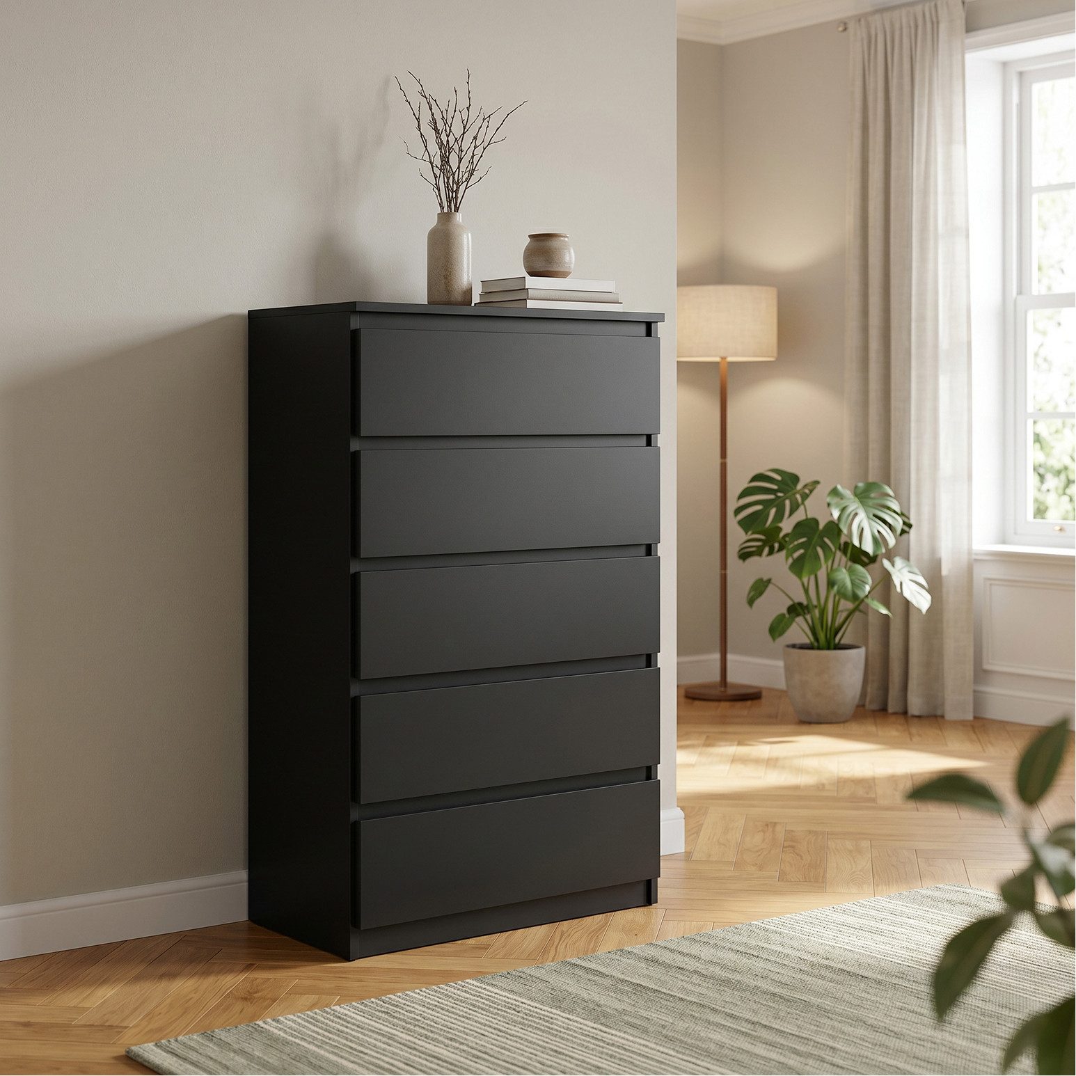 Masseno Kommode NUDO 70 cm Sideboard mit 5 Schubladen Schwarz