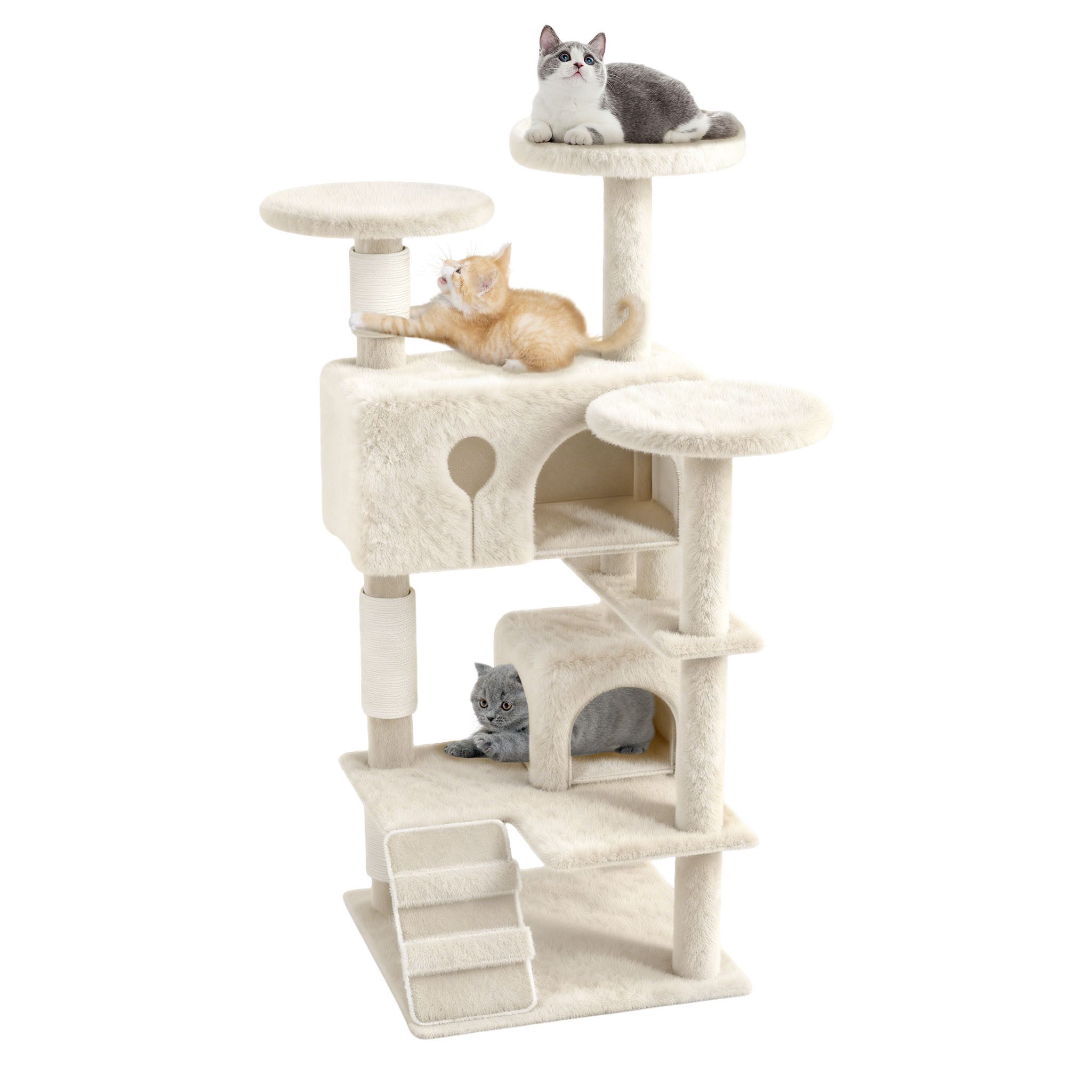 FIVMEN Kratzbaum Grosse 130cm mit Sisal-Seil, 2 Katzenhäusern Plattformen & Höhle, Katzenmöbel Katzenspielzeug für Katzen Beige Dunkelgrau Grau