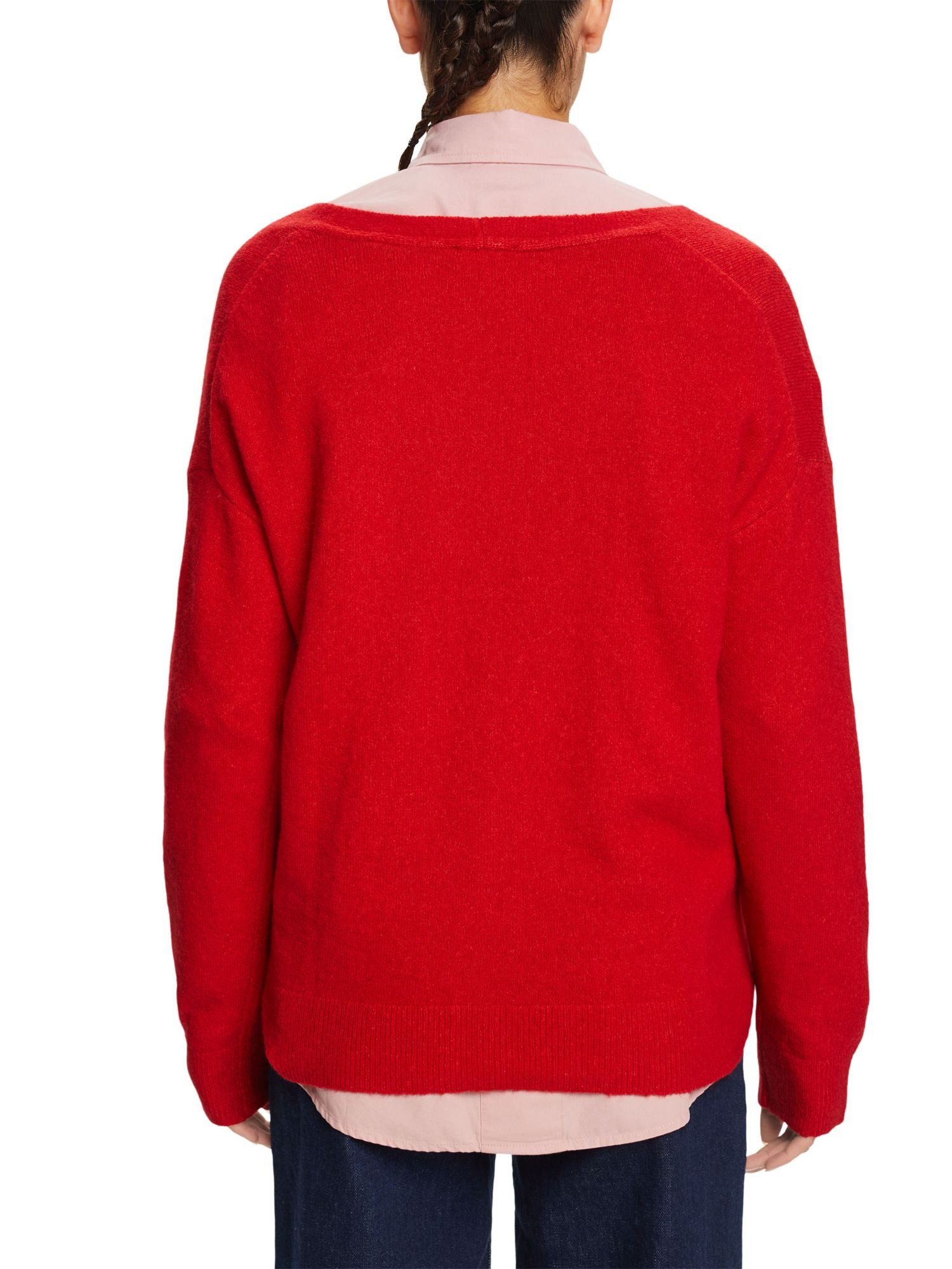 V-Ausschnitt-Pullover RED mit Esprit DARK Wollmix-Pullover V-Ausschnitt