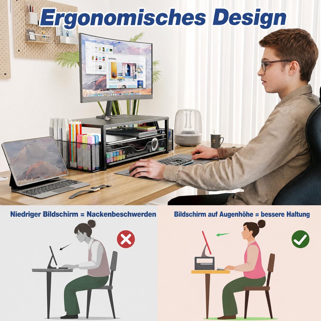 SURFOU Monitorständer für PC & Laptop, Metall mit Schublade, (1 x Monitor- & Druckerständer, 1 x Montageanleitung, Schreibtisch-Organizer mit 2 Stifthaltern, bis 20 kg belastbar)